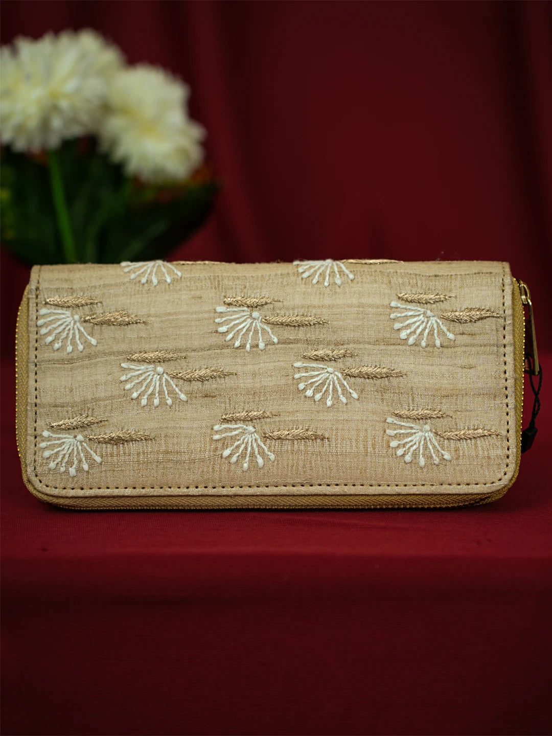 Ada Hand Embroidered Fawn Silk Lucknowi Chikankari Wallet With Zari Work 01A680761