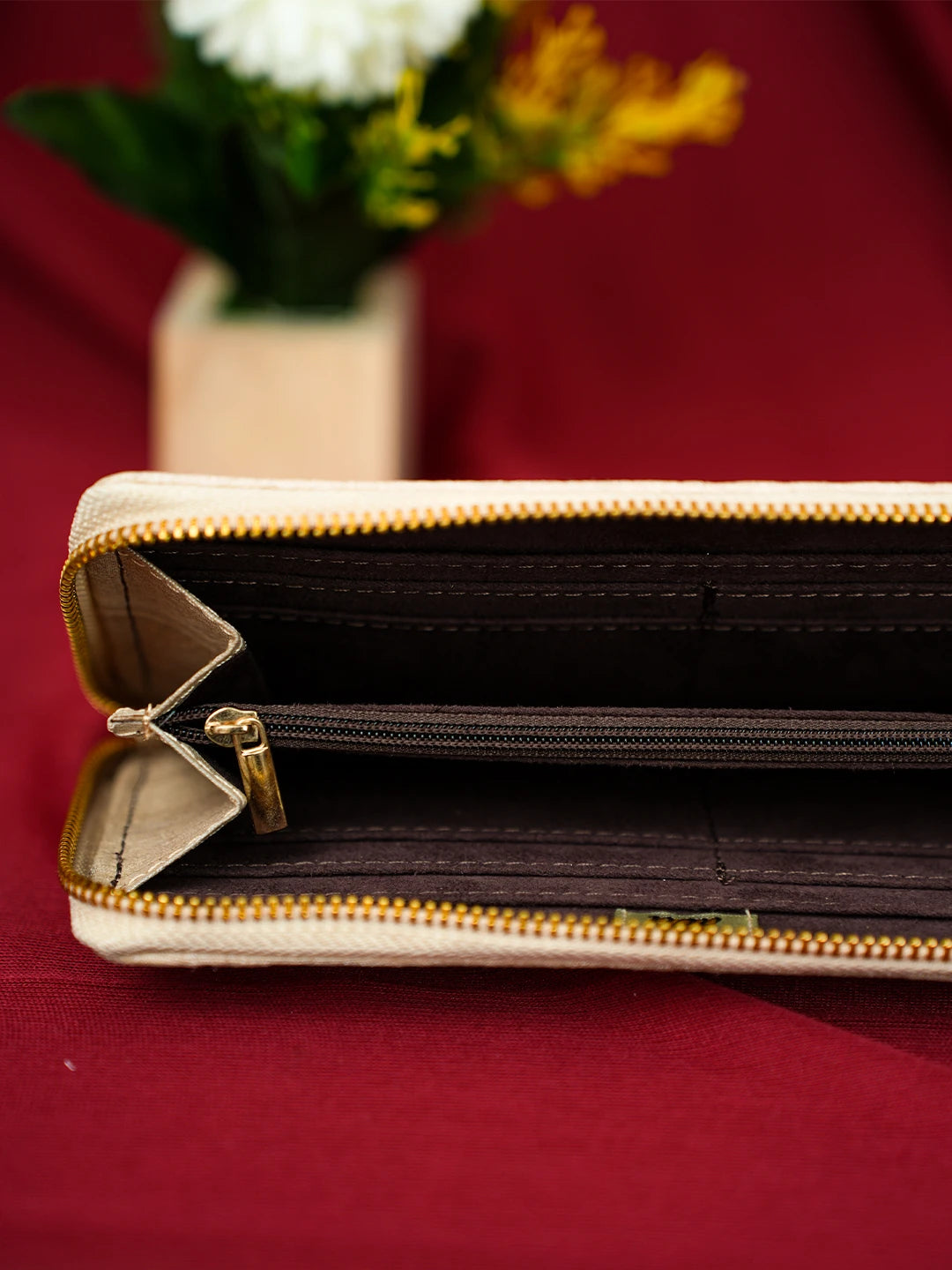 Ada Hand Embroidered Fawn Silk Lucknowi Chikankari Wallet With Zari Work 01A680761
