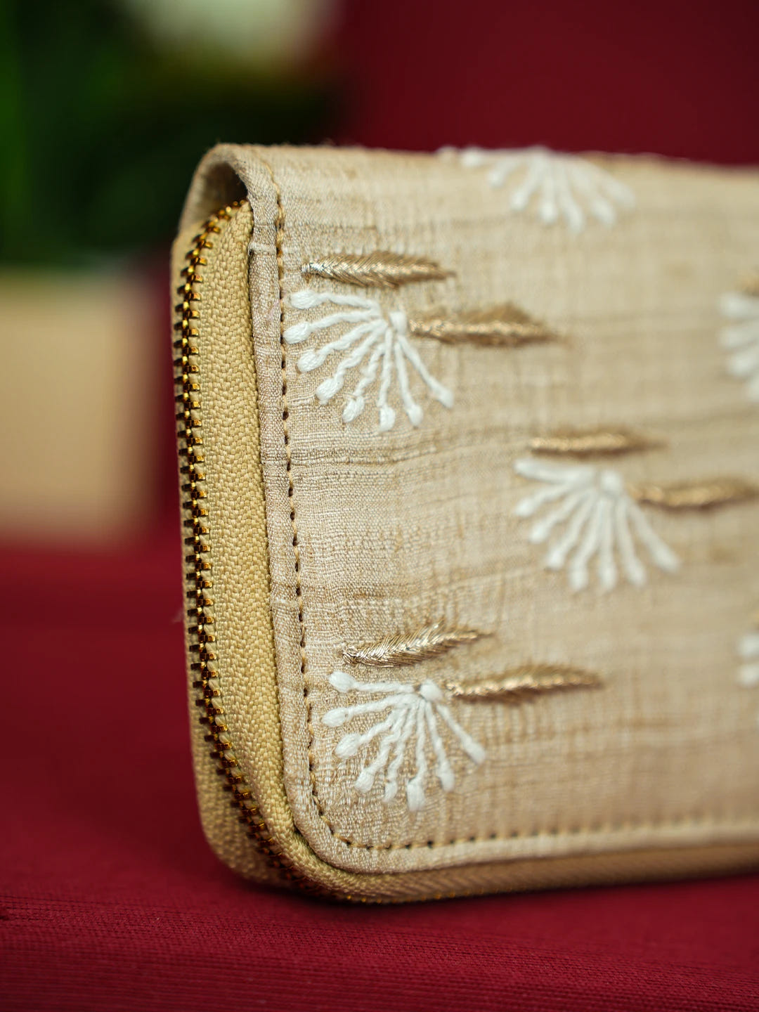 Ada Hand Embroidered Fawn Silk Lucknowi Chikankari Wallet With Zari Work 01A680761