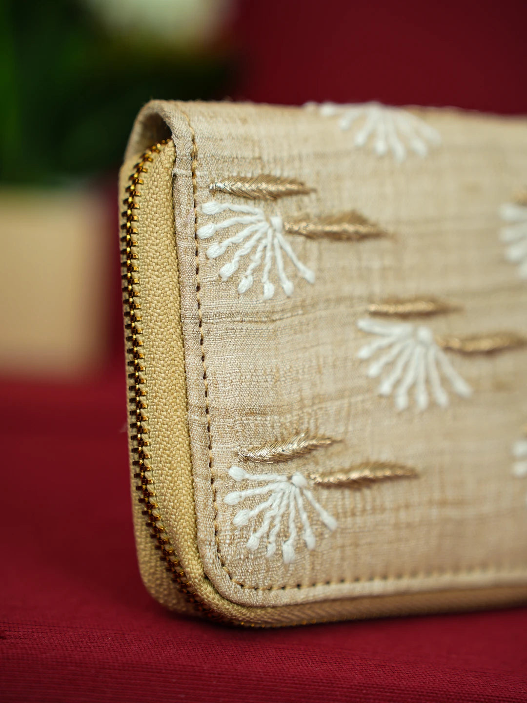 Ada Hand Embroidered Fawn Silk Lucknowi Chikankari Wallet With Zari Work 01A680761