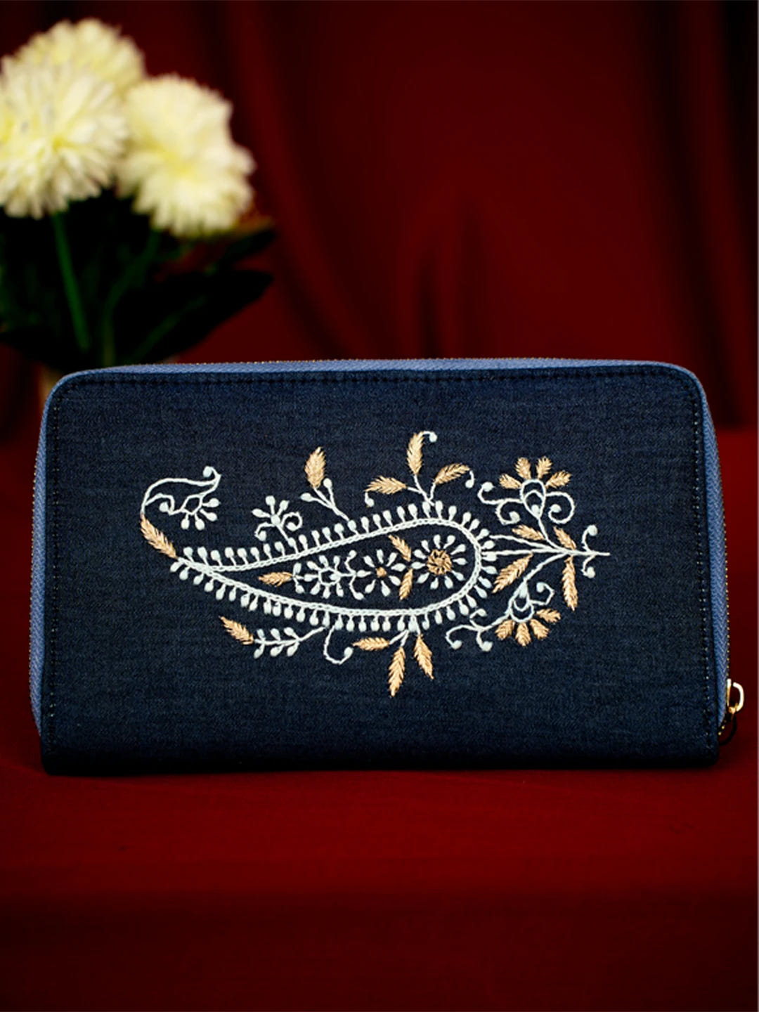 Ada Hand Embroidered Navy Blue Denim Lucknowi Chikankari Wallet With Zari Work 01A662101