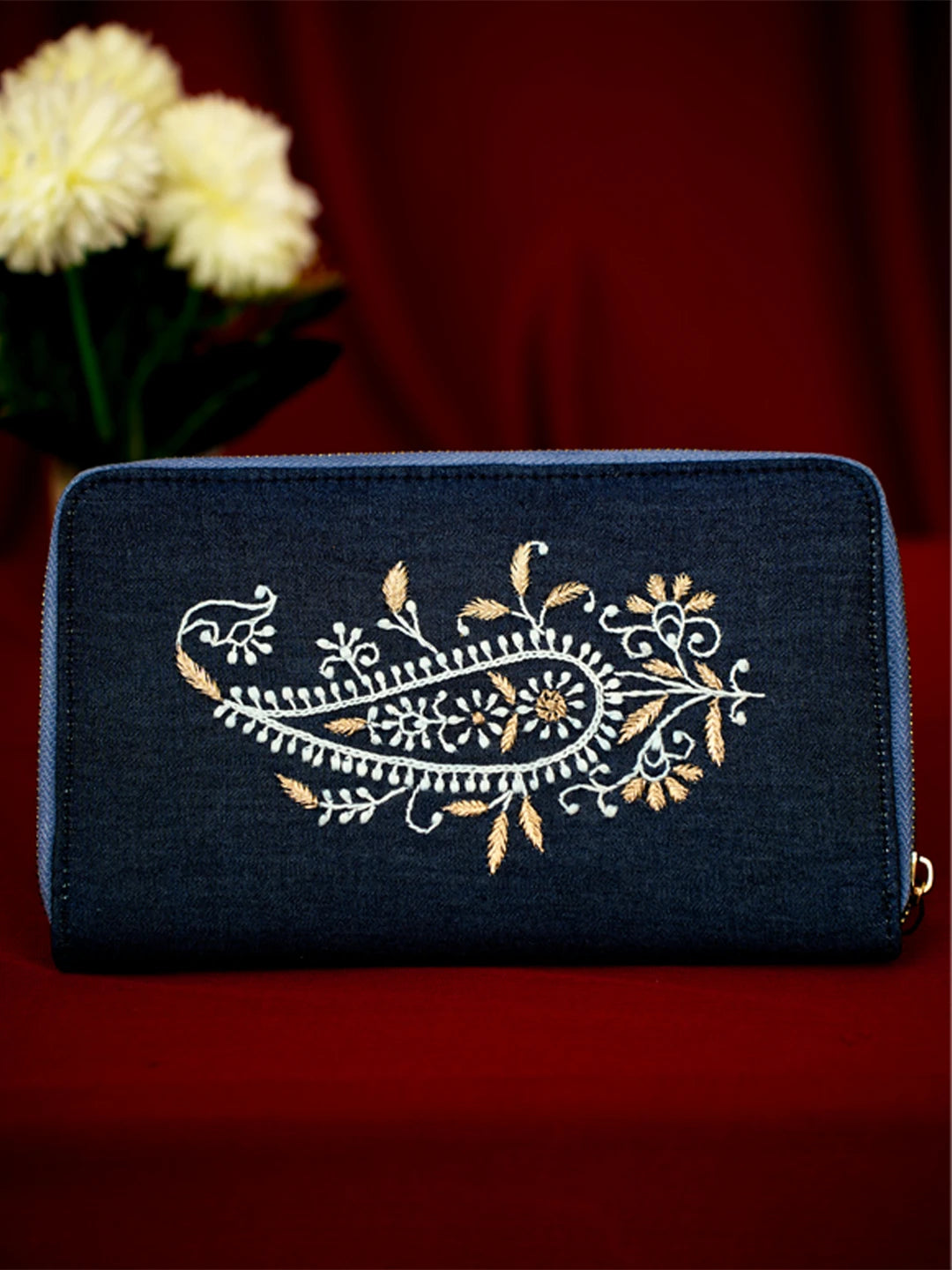 Ada Hand Embroidered Navy Blue Denim Lucknowi Chikankari Wallet With Zari Work 01A662101
