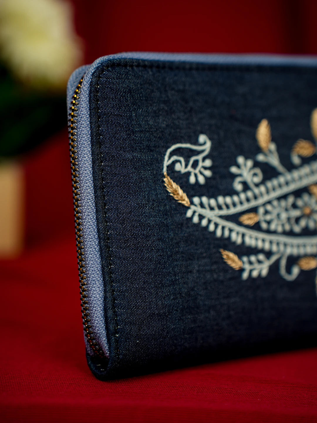Ada Hand Embroidered Navy Blue Denim Lucknowi Chikankari Wallet With Zari Work 01A662101
