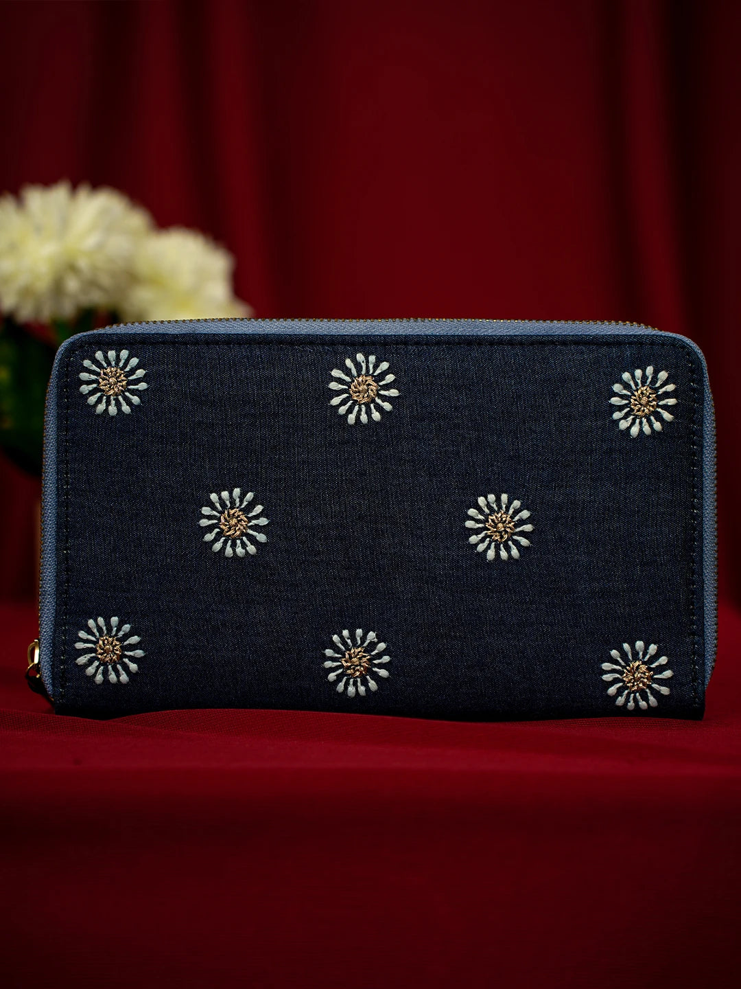 Ada Hand Embroidered Navy Blue Denim Lucknowi Chikankari Wallet With Zari Work 01A662101