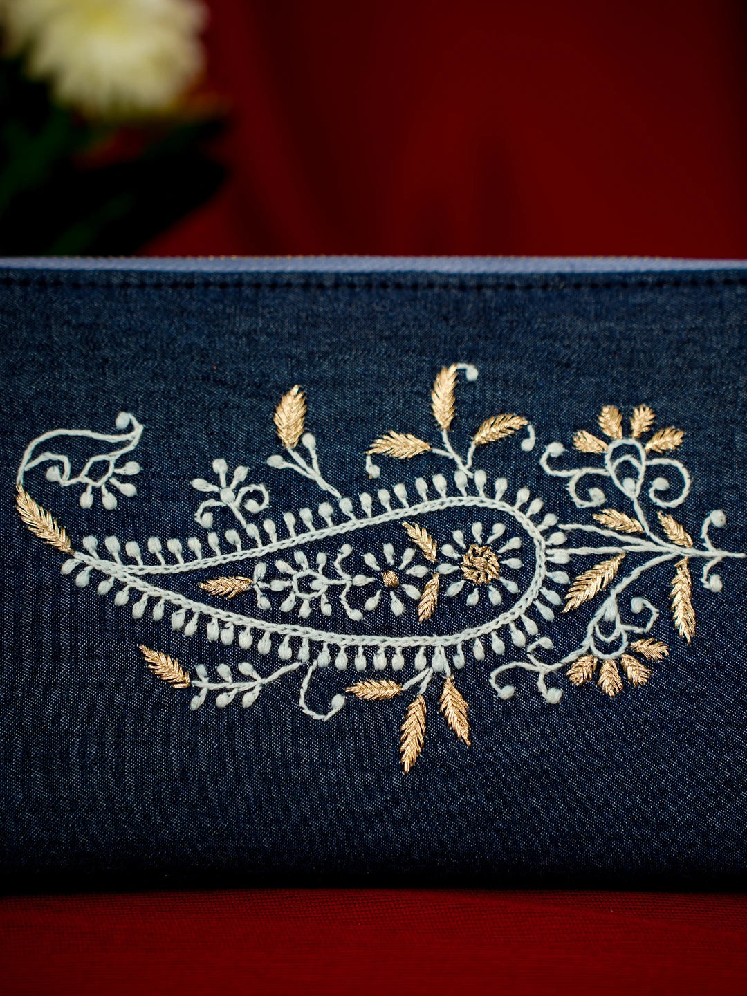 Ada Hand Embroidered Navy Blue Denim Lucknowi Chikankari Wallet With Zari Work 01A662101