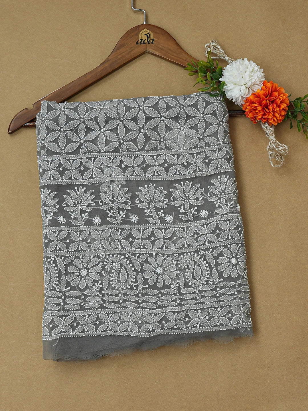 Ada Hand Embroidered Grey Georgette Lucknowi Chikankari Unstitched Kurta Piece 01A715904
