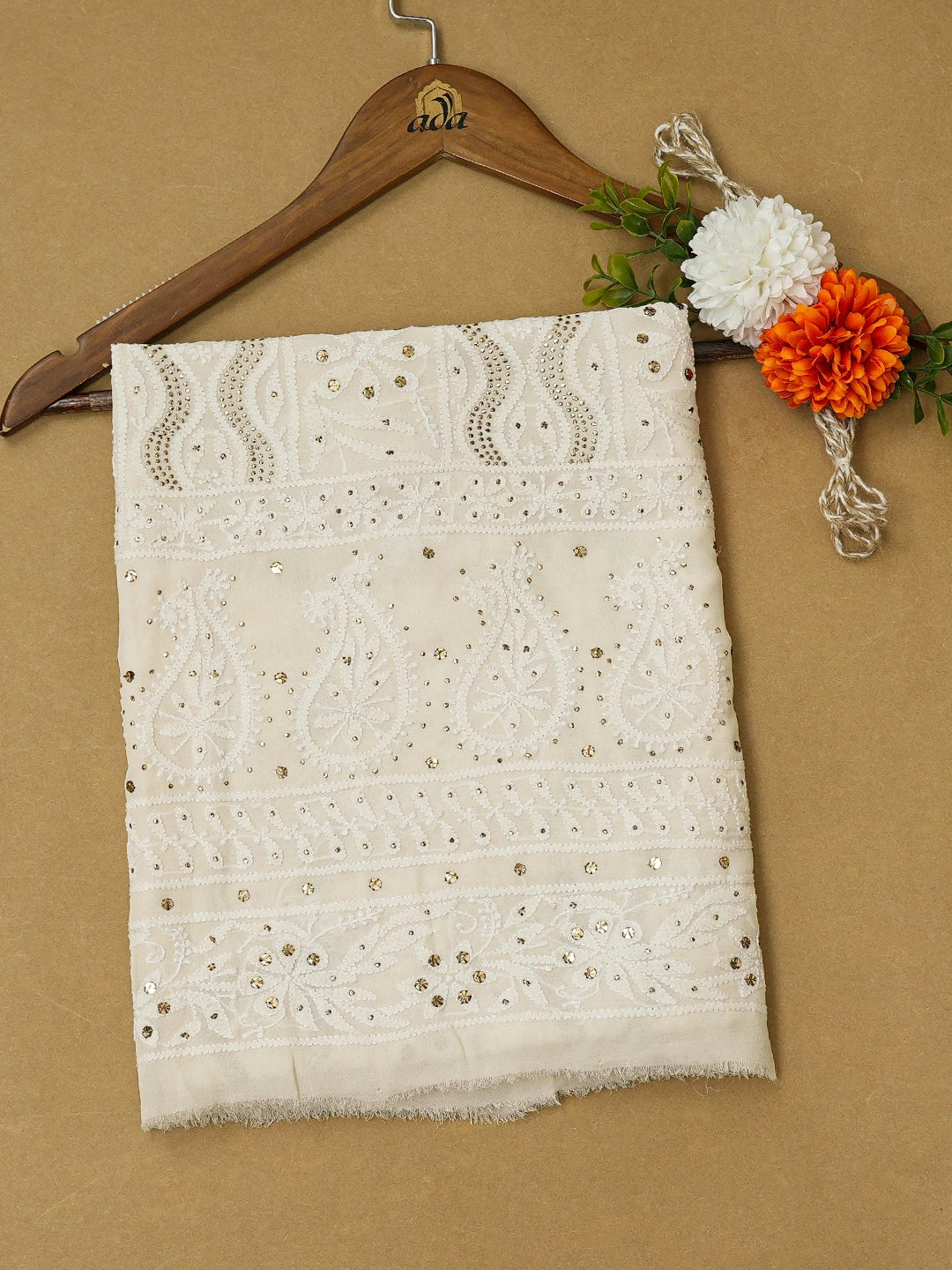 Ada Hand Embroidered White Pure Georgette Lucknowi Chikankari Unstitched Kurta Piece With Mukaish Work 01A388549
