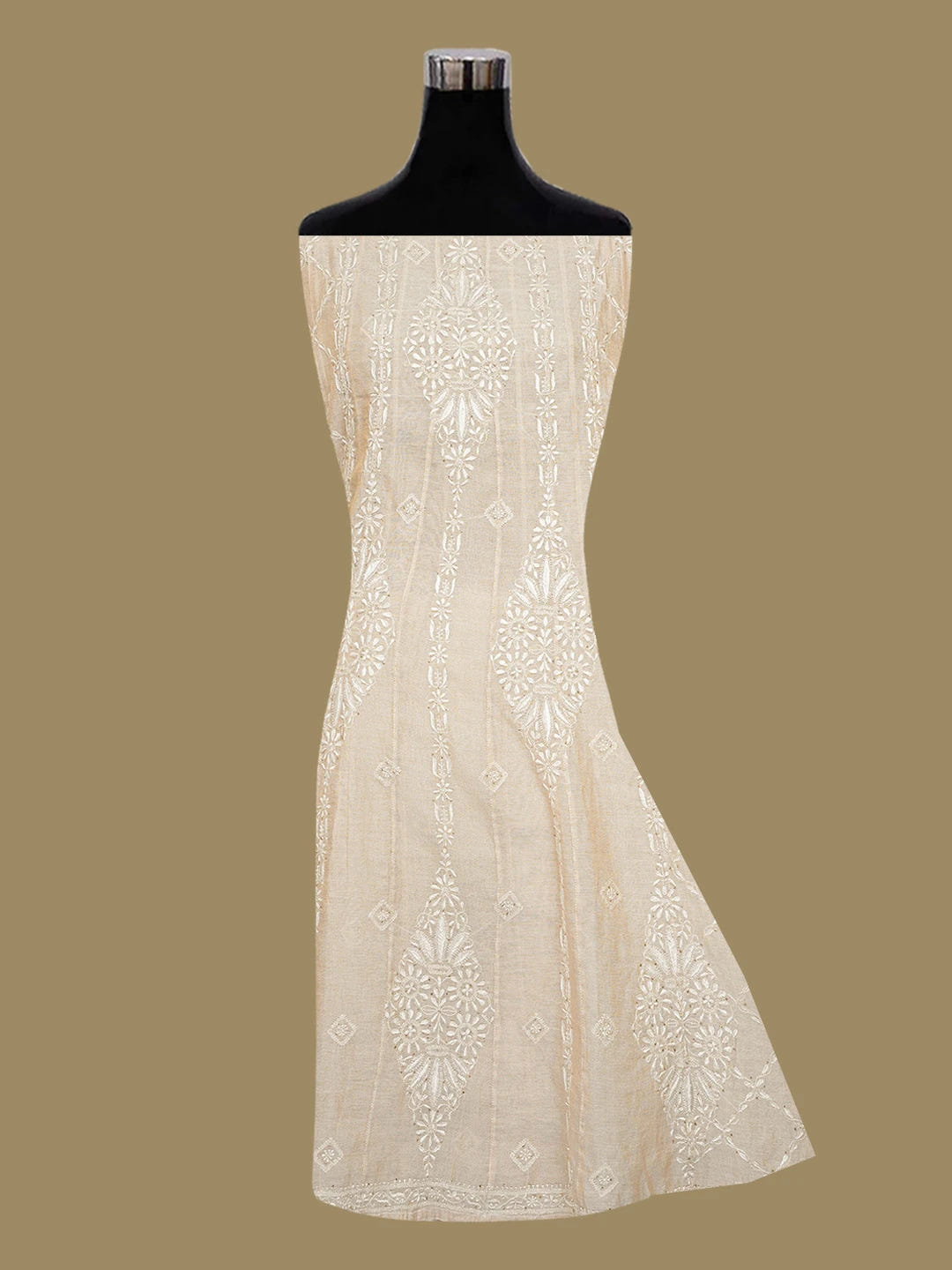 Ada Hand Embroidered Fawn Tissue Lucknowi Chikankari Semi-Stitched Kurta Piece With Mukaish Work 01A491158