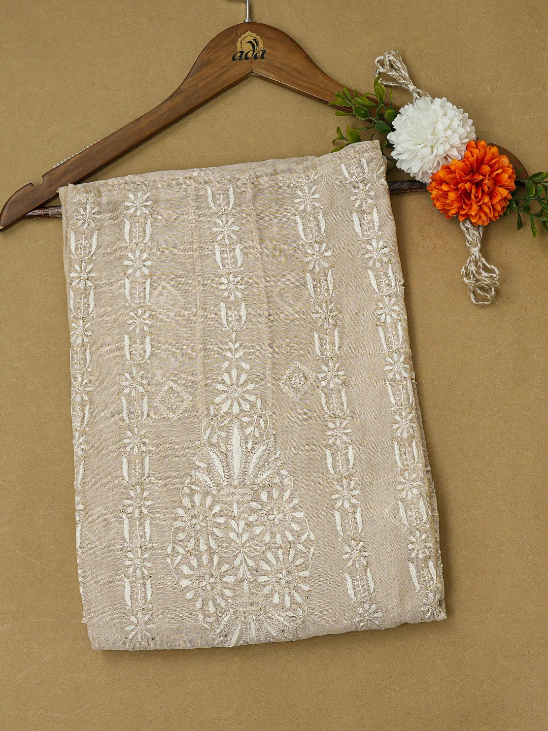 Ada Hand Embroidered Fawn Tissue Lucknowi Chikankari Semi-Stitched Kurta Piece With Mukaish Work 01A491158
