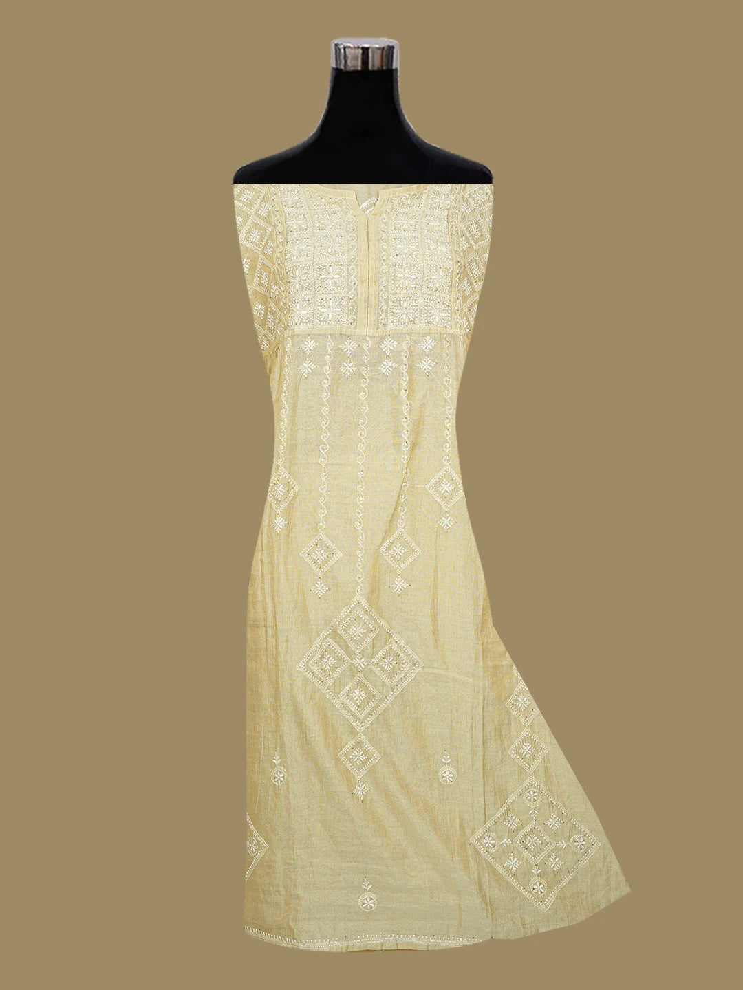 Ada Hand Embroidered Fawn Tissue Lucknowi Chikankari Semi-Stitched Kurta Piece With Mukaish Work 01A572151