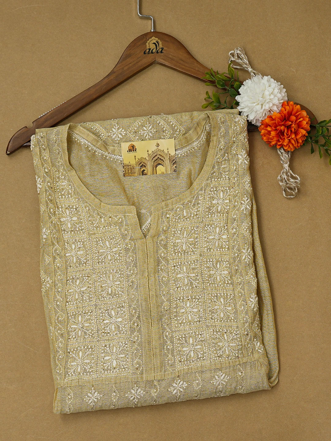 Ada Hand Embroidered Fawn Tissue Lucknowi Chikankari Semi-Stitched Kurta Piece With Mukaish Work 01A572151