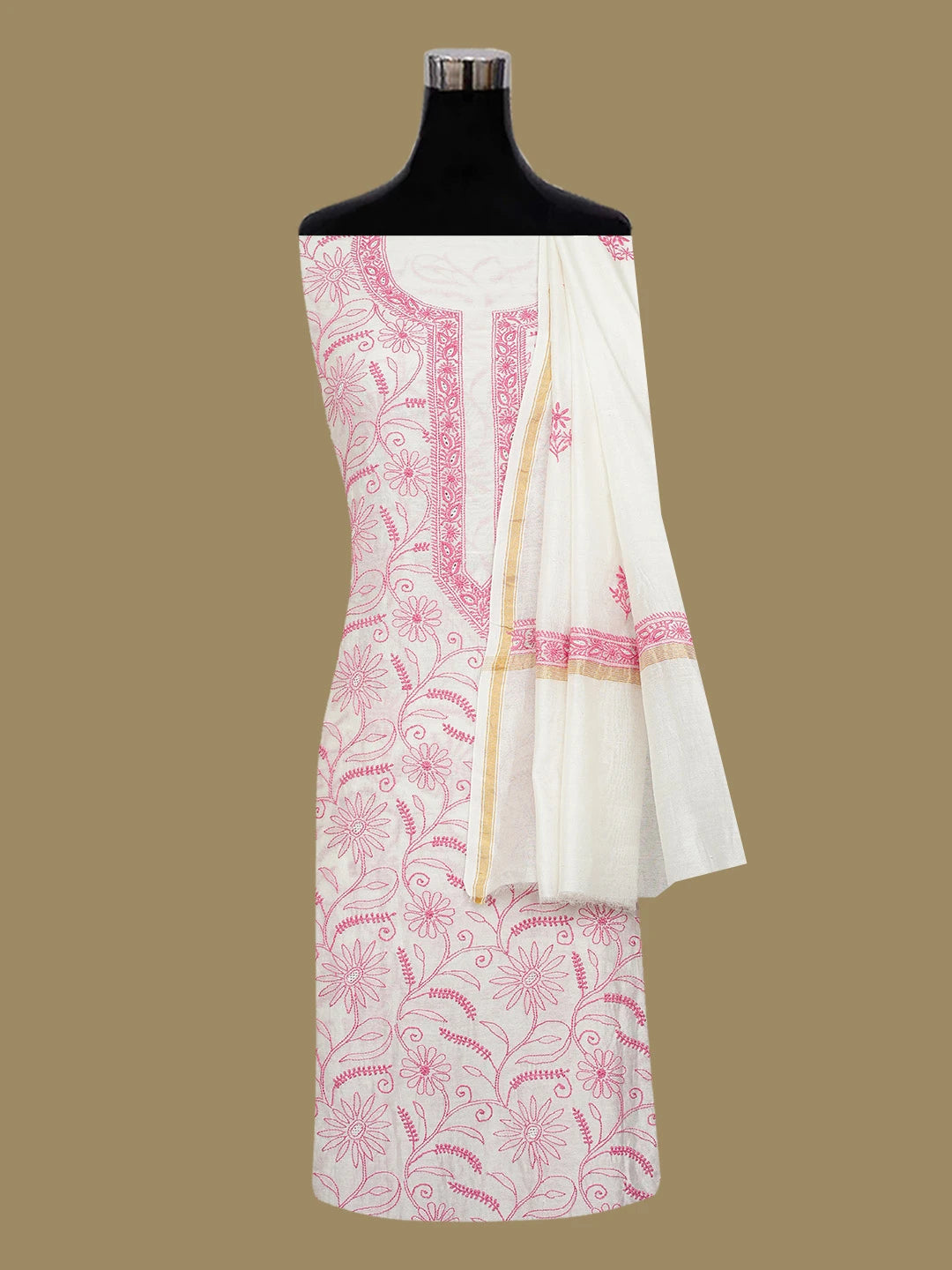 Ada Hand Embroidered White Chanderi Lucknowi Chikankari Unstitched Kurta Dupatta Set 01A647890