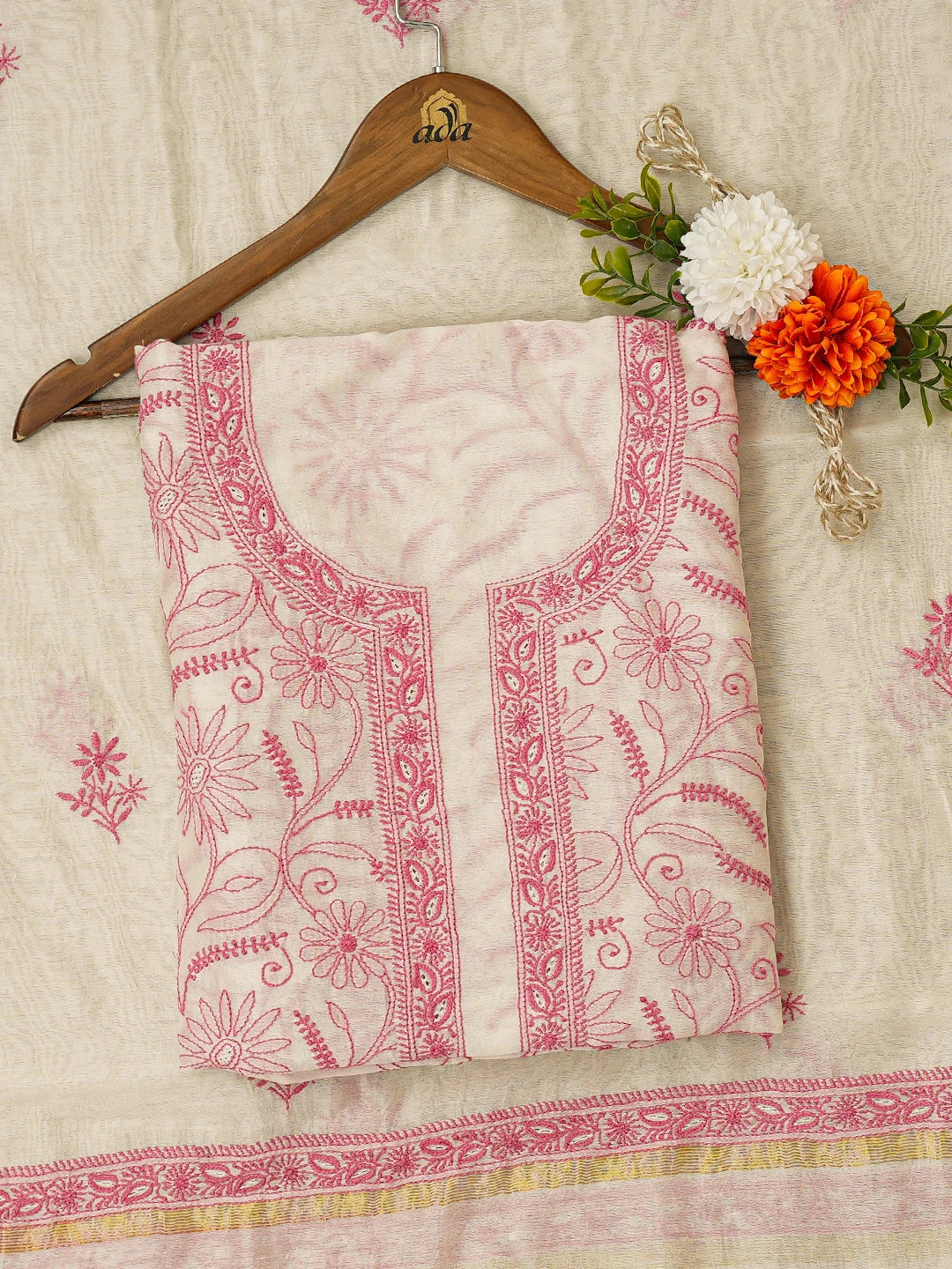 Ada Hand Embroidered White Chanderi Lucknowi Chikankari Unstitched Kurta Dupatta Set 01A647890