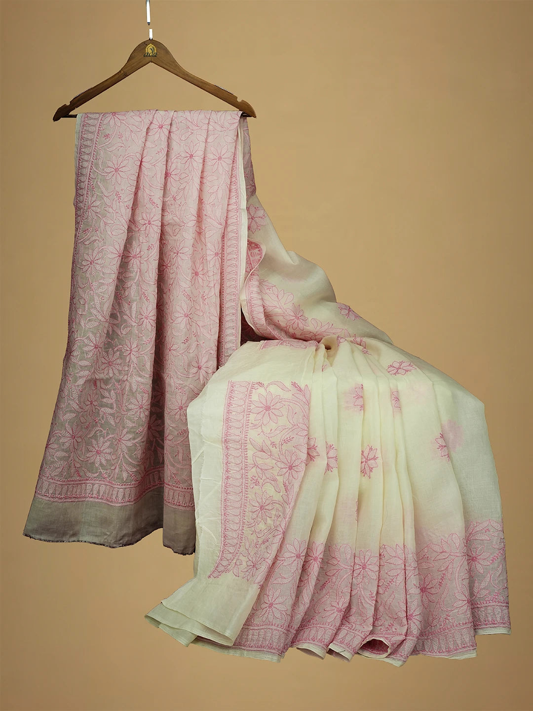 Ada Hand Embroidered Cream Cotton Lucknowi Chikankari Saree and Blouse 01A713080