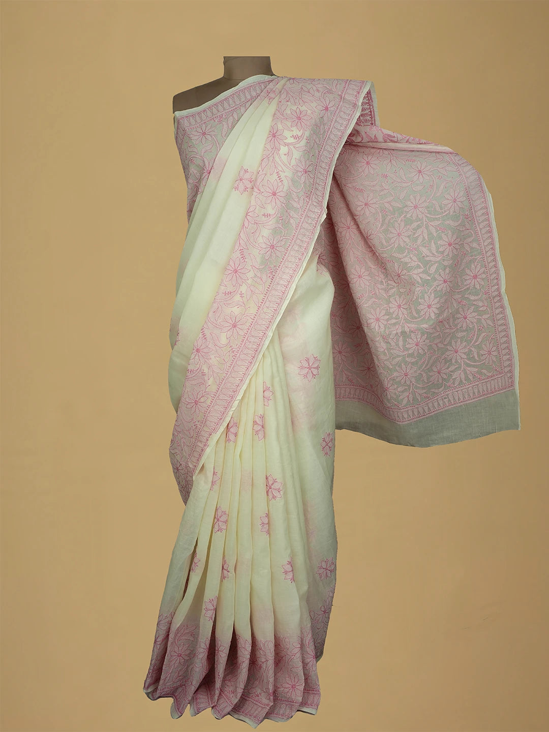 Ada Hand Embroidered Cream Cotton Lucknowi Chikankari Saree and Blouse 01A713080