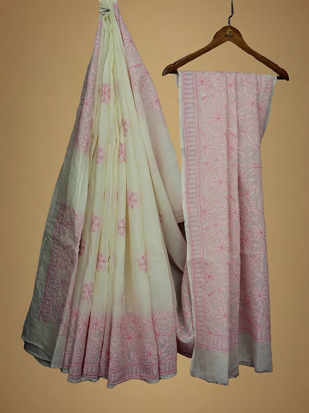 Ada Hand Embroidered Cream Cotton Lucknowi Chikankari Saree and Blouse 01A713080