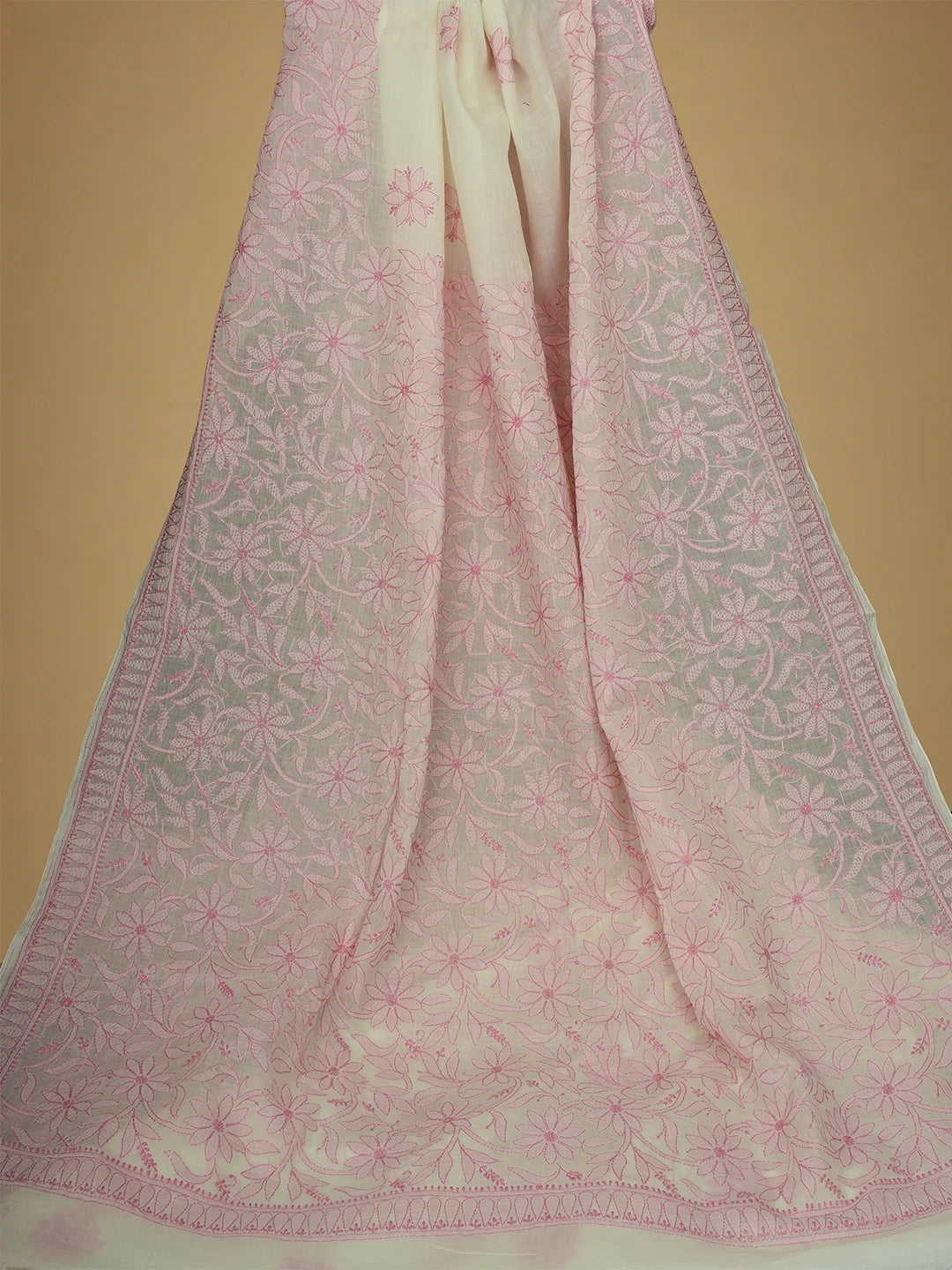 Ada Hand Embroidered Cream Cotton Lucknowi Chikankari Saree and Blouse 01A713080