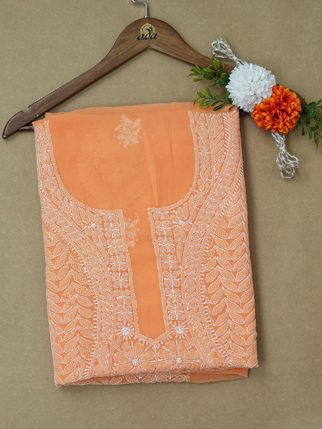 Ada Hand Embroidered Orange Georgette Lucknowi Chikankari Unstitched Kurta Piece 01A715914