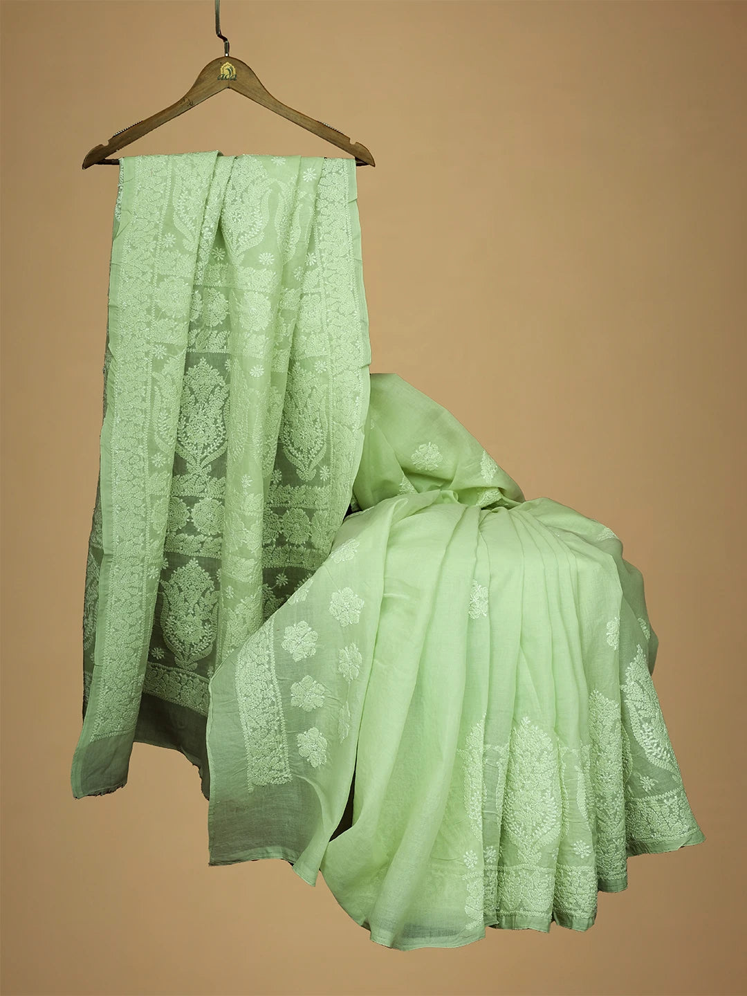 Ada Hand Embroidered Light Green Cotton Lucknowi Chikankari Saree and Blouse 01A713084