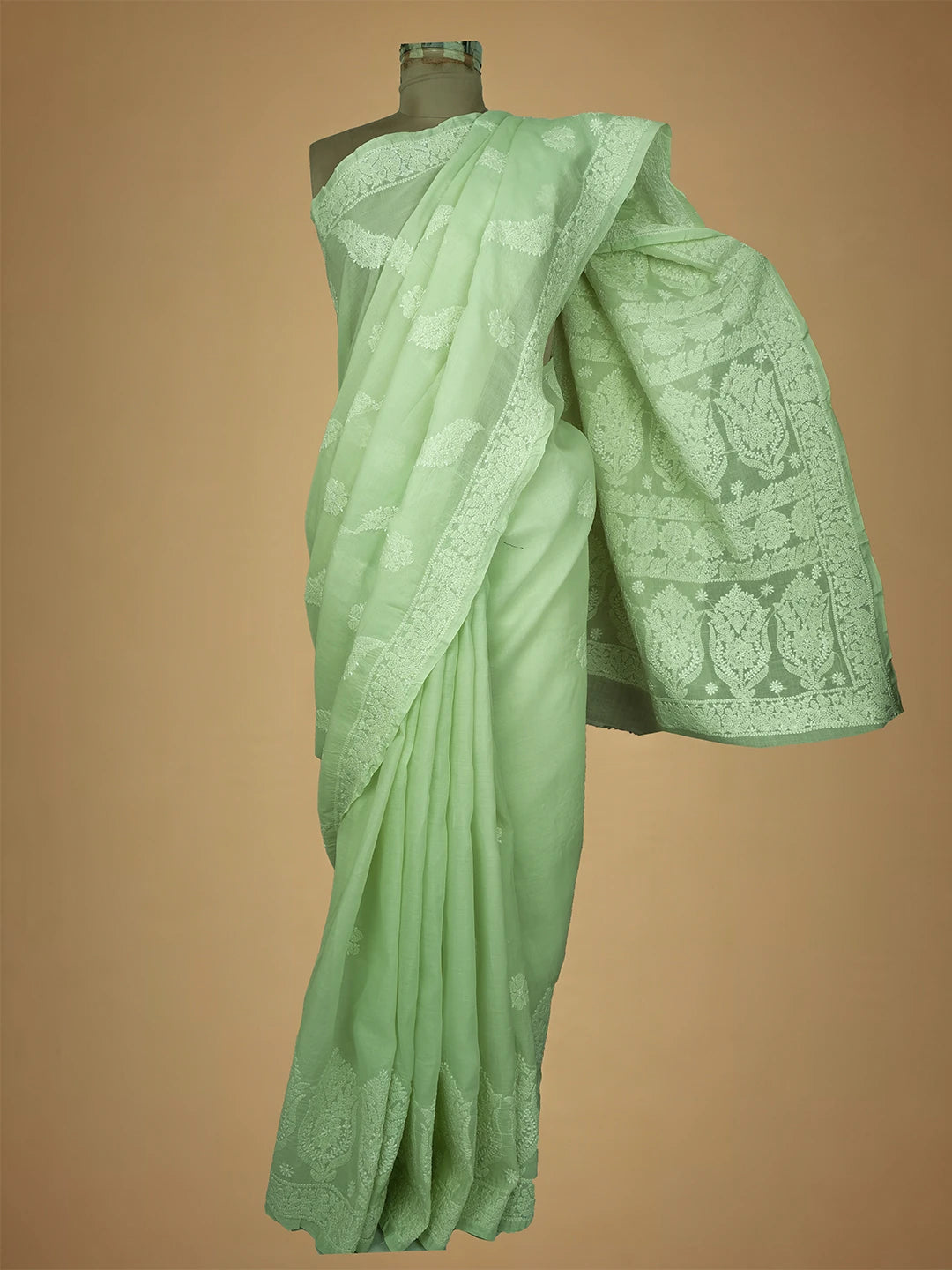 Ada Hand Embroidered Light Green Cotton Lucknowi Chikankari Saree and Blouse 01A713084