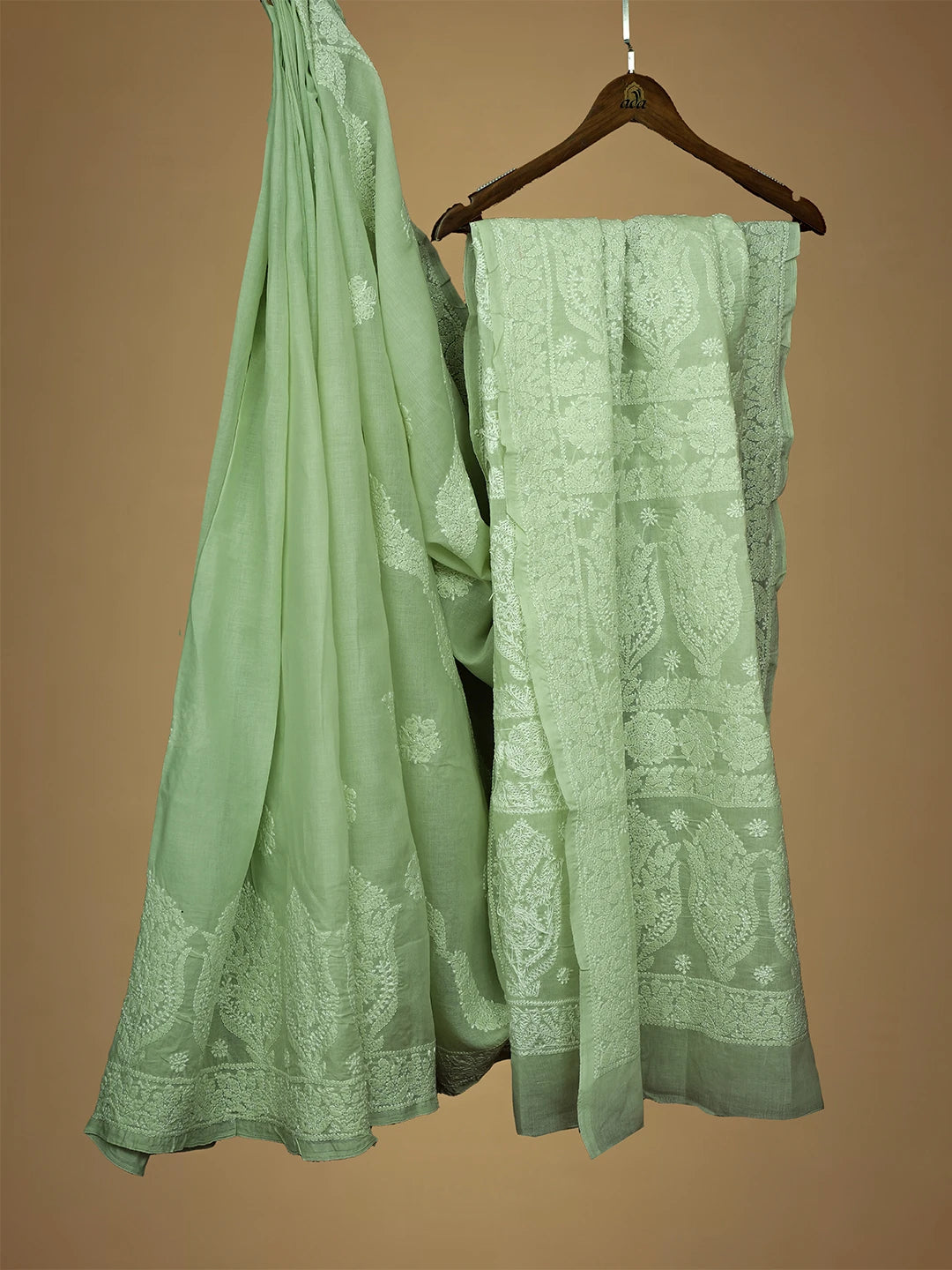Ada Hand Embroidered Light Green Cotton Lucknowi Chikankari Saree and Blouse 01A713084
