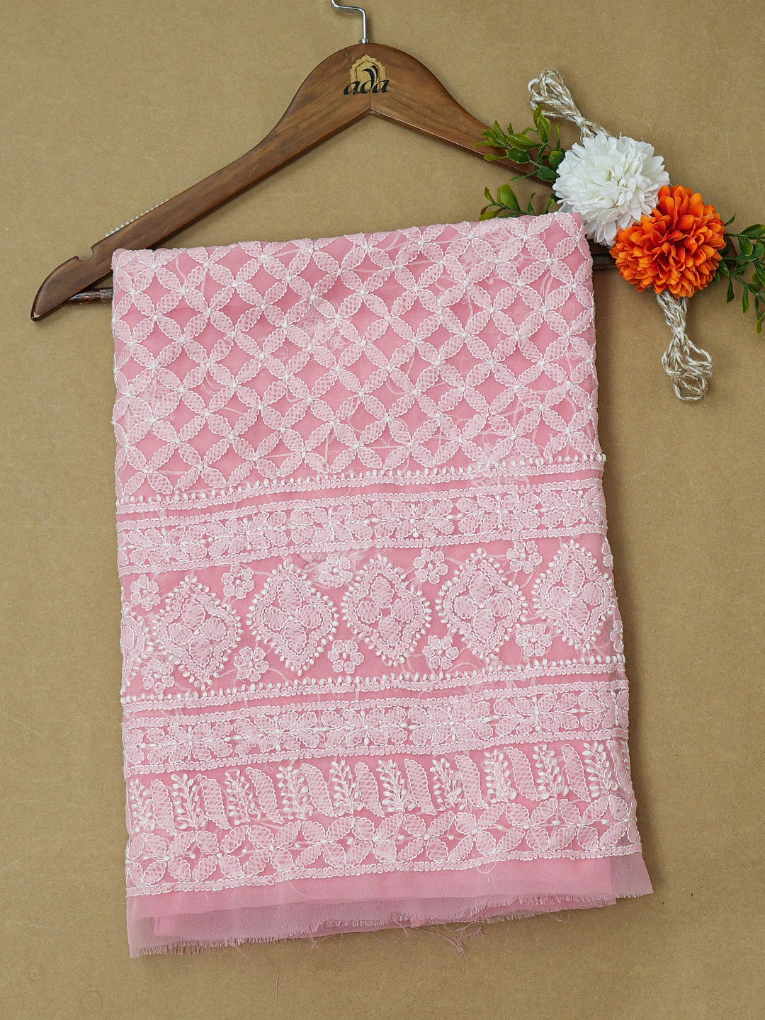 Ada Hand Embroidered Peach Georgette Lucknowi Chikankari Unstitched Kurta Piece 01A715915