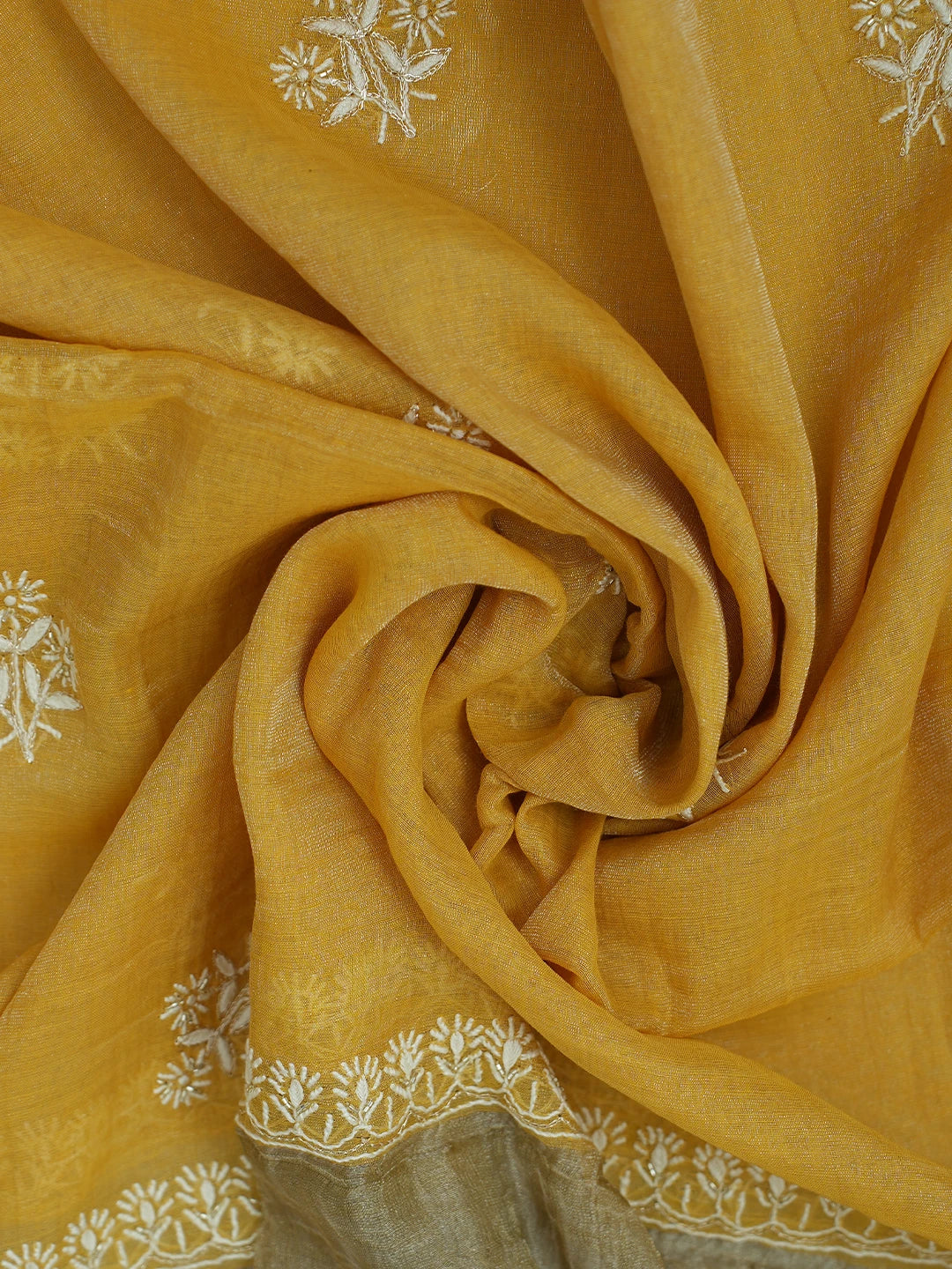 Ada Hand Embroidered Gold(Metallic) Tissue Lucknowi Chikankari Unstitched Kurta Dupatta Set With Cutdana Work 01A702530