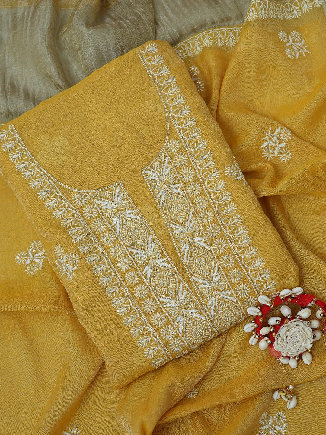 Ada Hand Embroidered Gold(Metallic) Tissue Lucknowi Chikankari Unstitched Kurta Dupatta Set With Cutdana Work 01A702530
