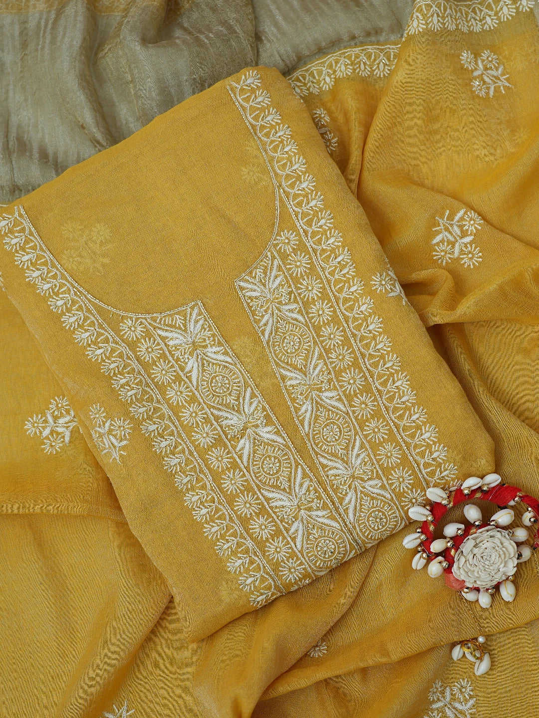 Ada Hand Embroidered Gold(Metallic) Tissue Lucknowi Chikankari Unstitched Kurta Dupatta Set With Cutdana Work 01A702530