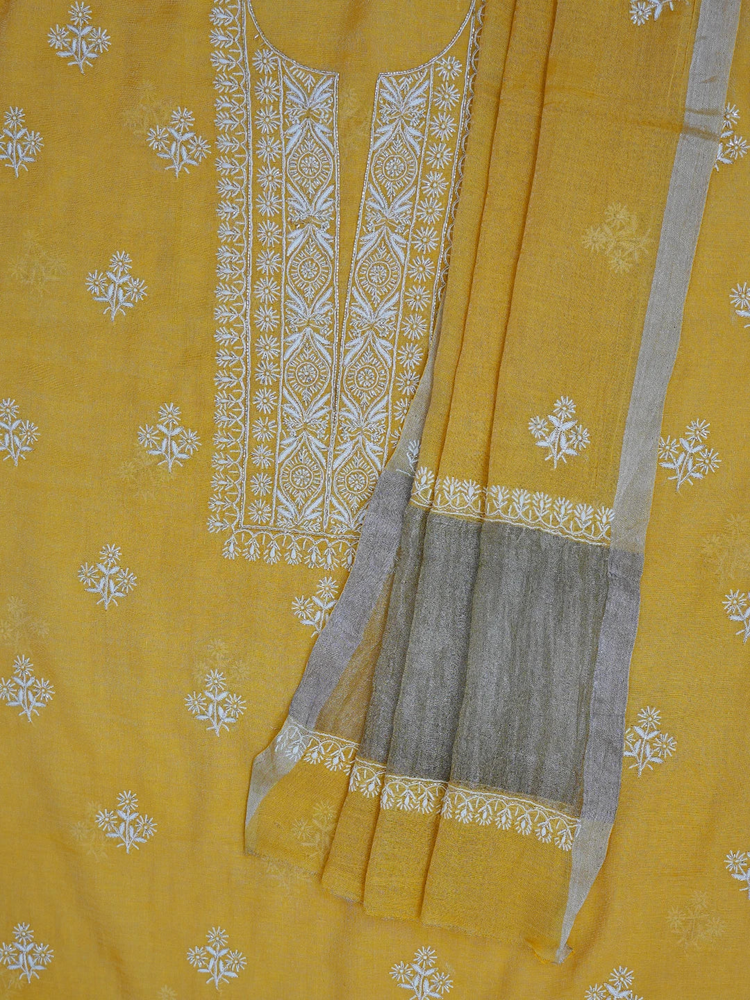 Ada Hand Embroidered Gold(Metallic) Tissue Lucknowi Chikankari Unstitched Kurta Dupatta Set With Cutdana Work 01A702530