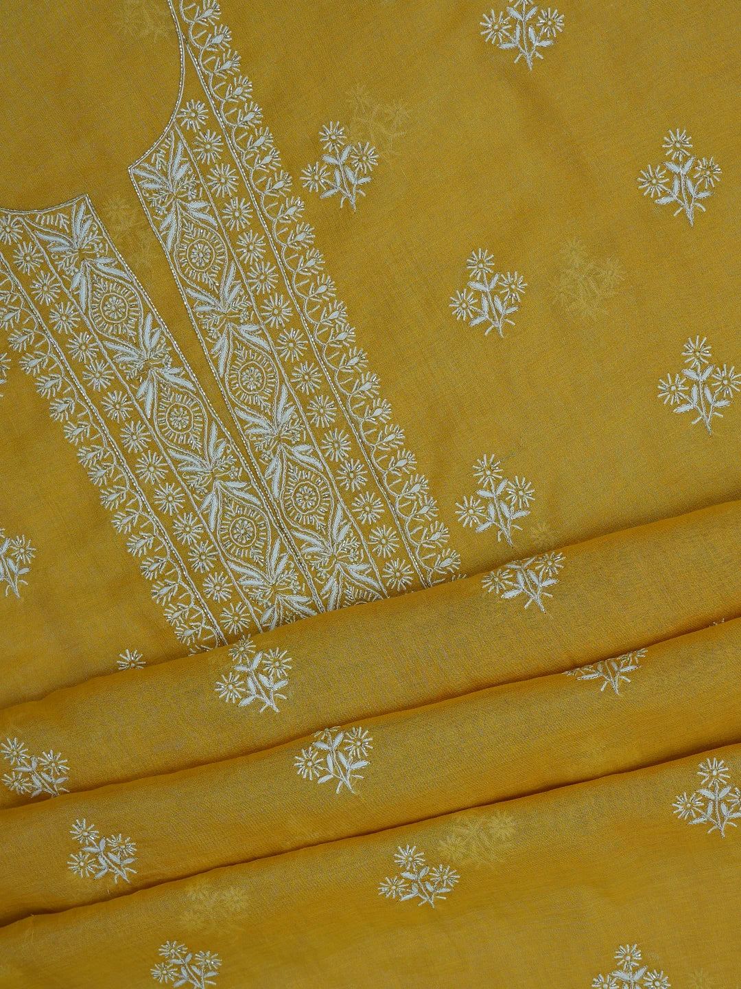 Ada Hand Embroidered Gold(Metallic) Tissue Lucknowi Chikankari Unstitched Kurta Dupatta Set With Cutdana Work 01A702530