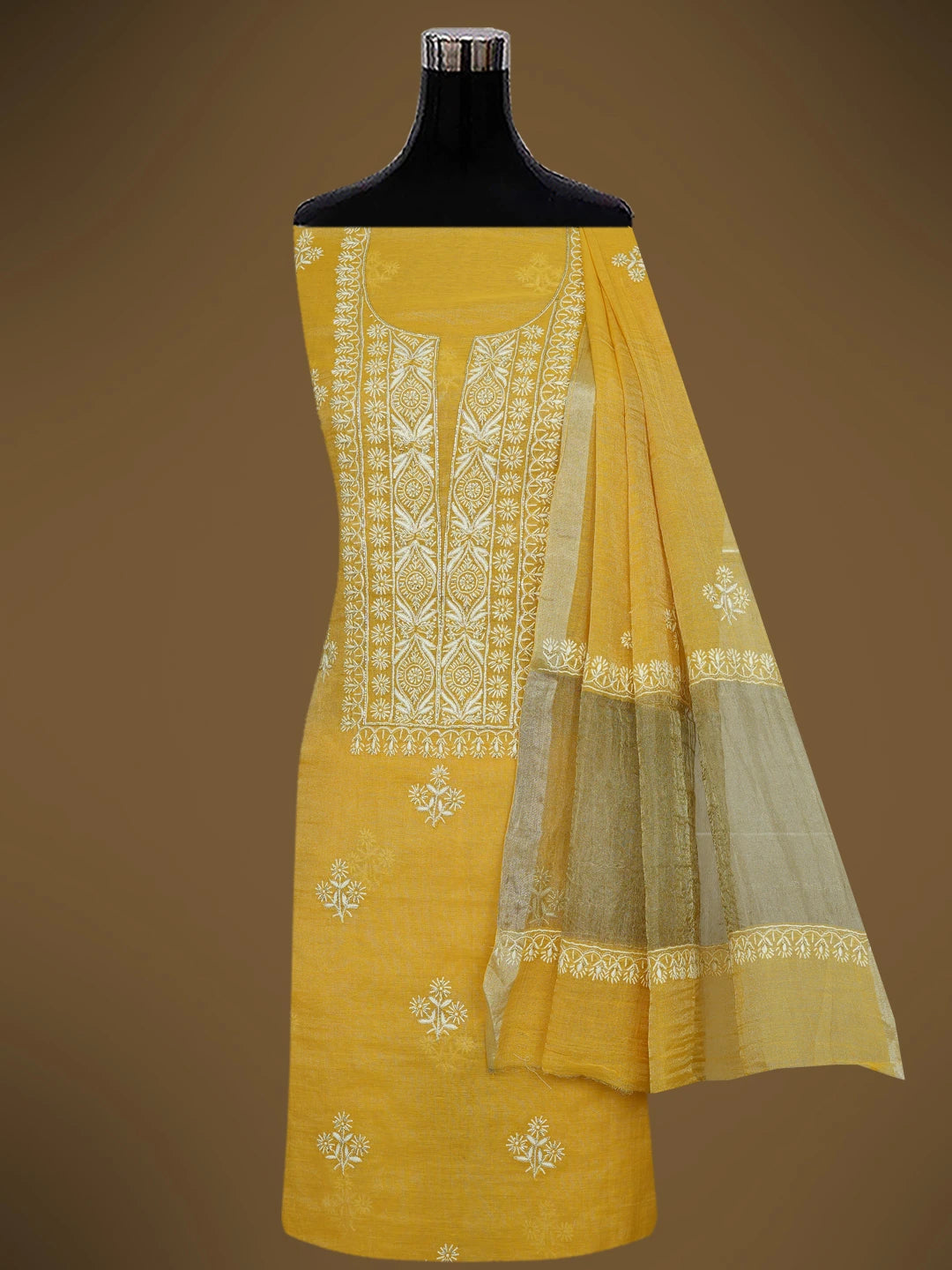 Ada Hand Embroidered Gold(Metallic) Tissue Lucknowi Chikankari Unstitched Kurta Dupatta Set With Cutdana Work 01A702530
