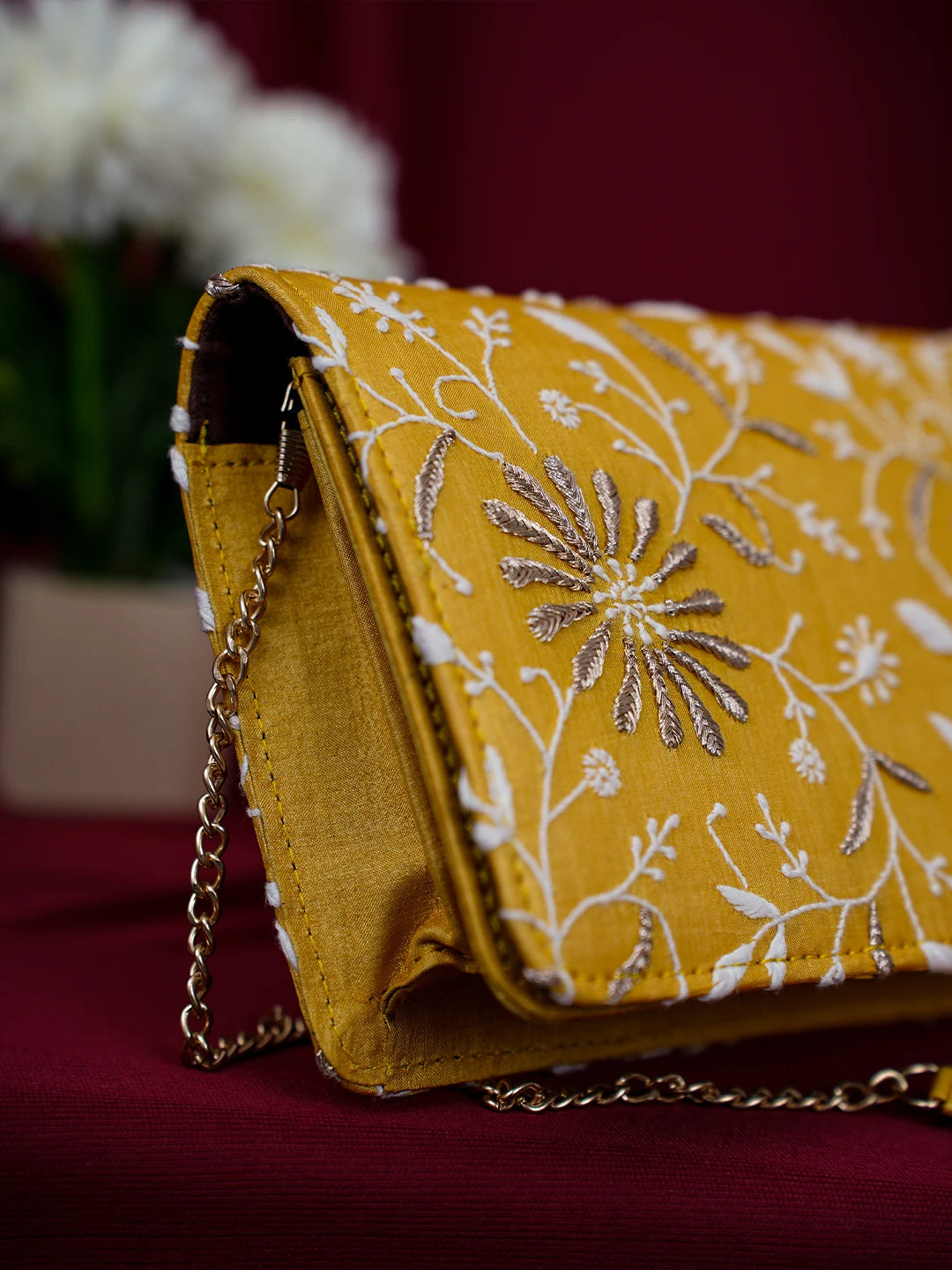 Ada Hand Embroidered Yellow Silk Lucknowi Chikankari Clutch With Zari Work 01A685737