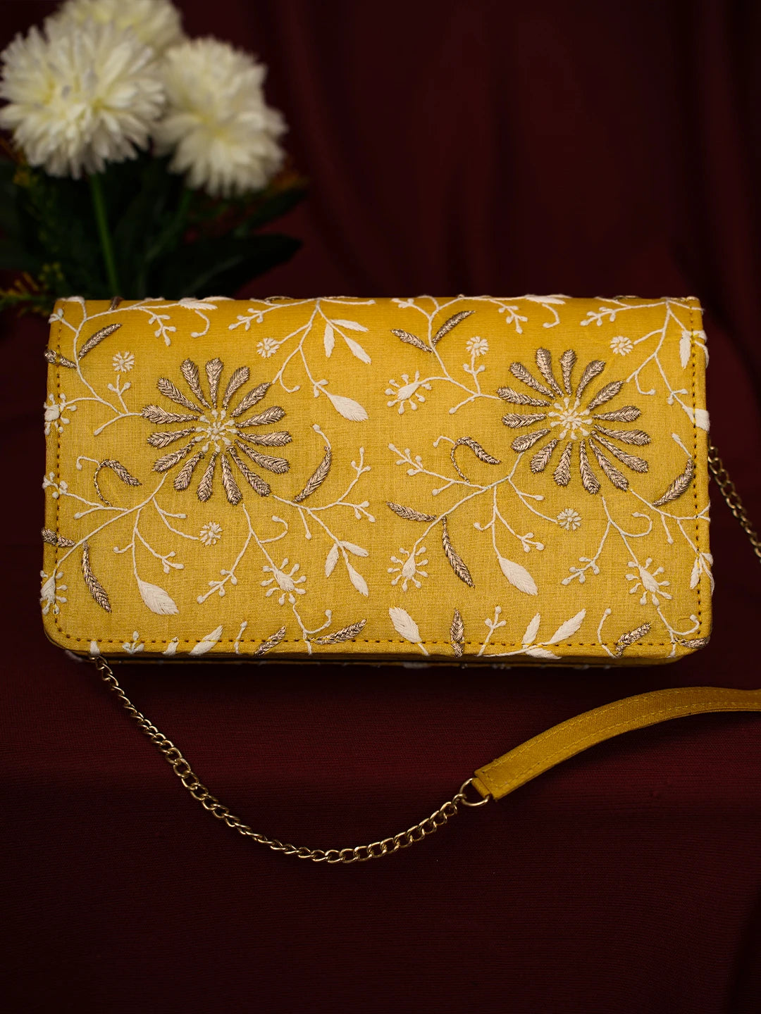 Ada Hand Embroidered Yellow Silk Lucknowi Chikankari Clutch With Zari Work 01A685737