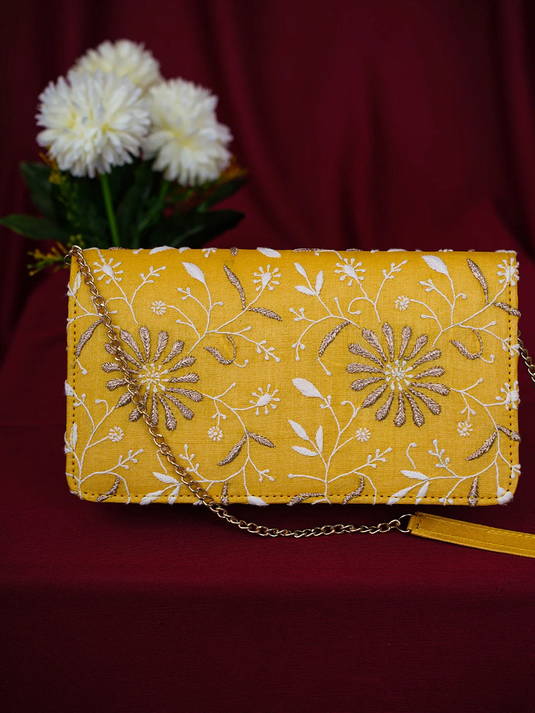 Ada Hand Embroidered Yellow Silk Lucknowi Chikankari Clutch With Zari Work 01A685737