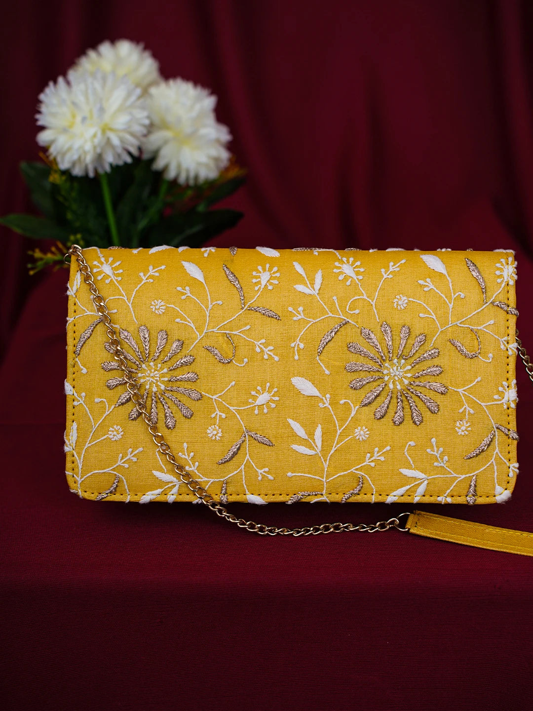 Ada Hand Embroidered Yellow Silk Lucknowi Chikankari Clutch With Zari Work 01A685737