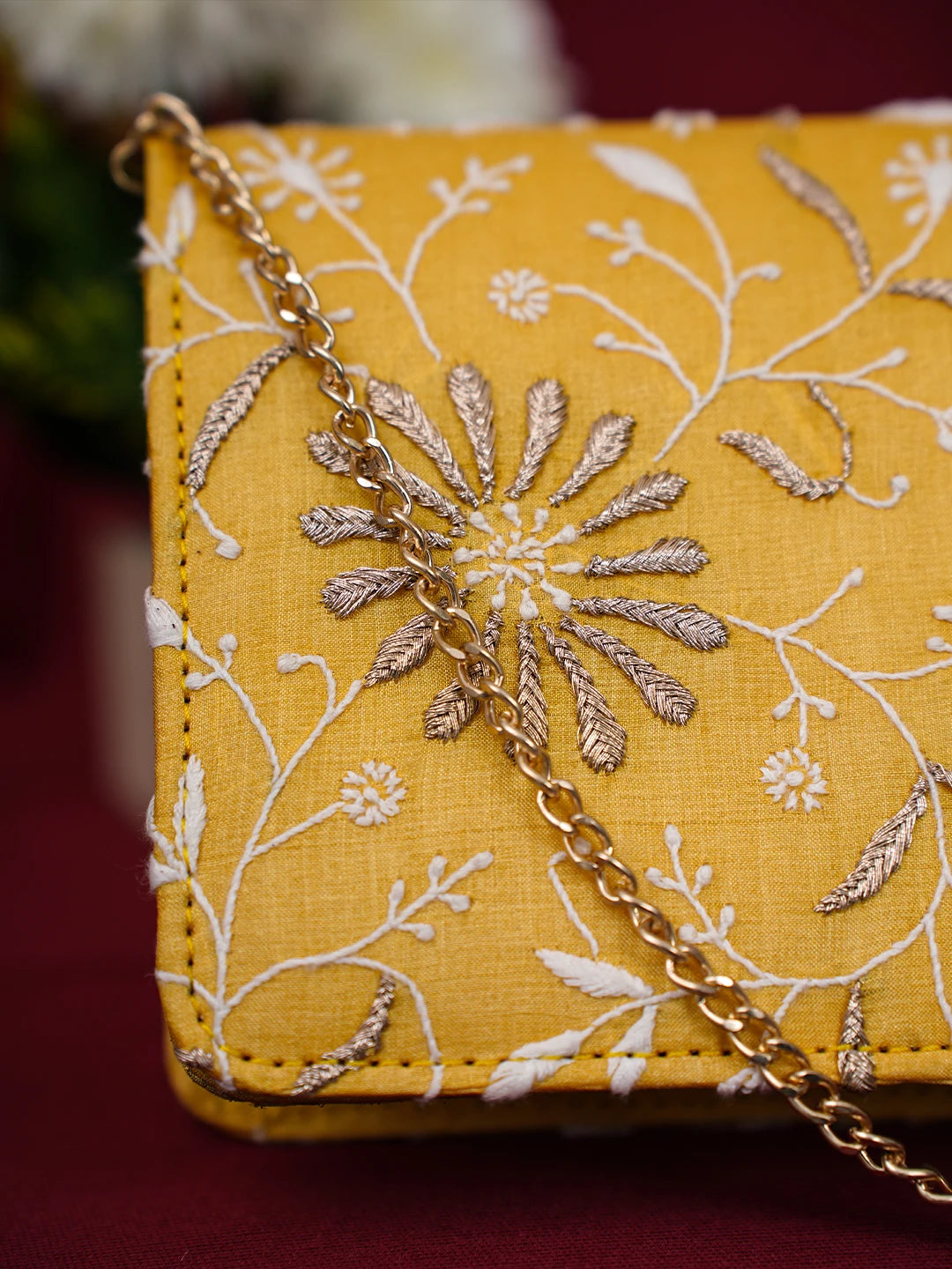 Ada Hand Embroidered Yellow Silk Lucknowi Chikankari Clutch With Zari Work 01A685737