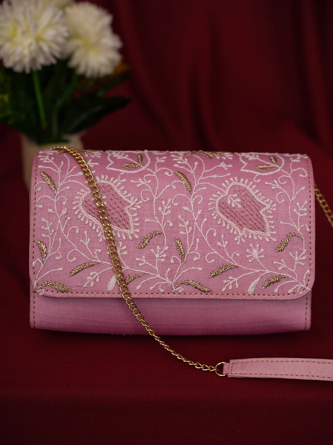 Ada Hand Embroidered Pink Silk Lucknowi Chikankari Clutch With Zari Work 01A643730