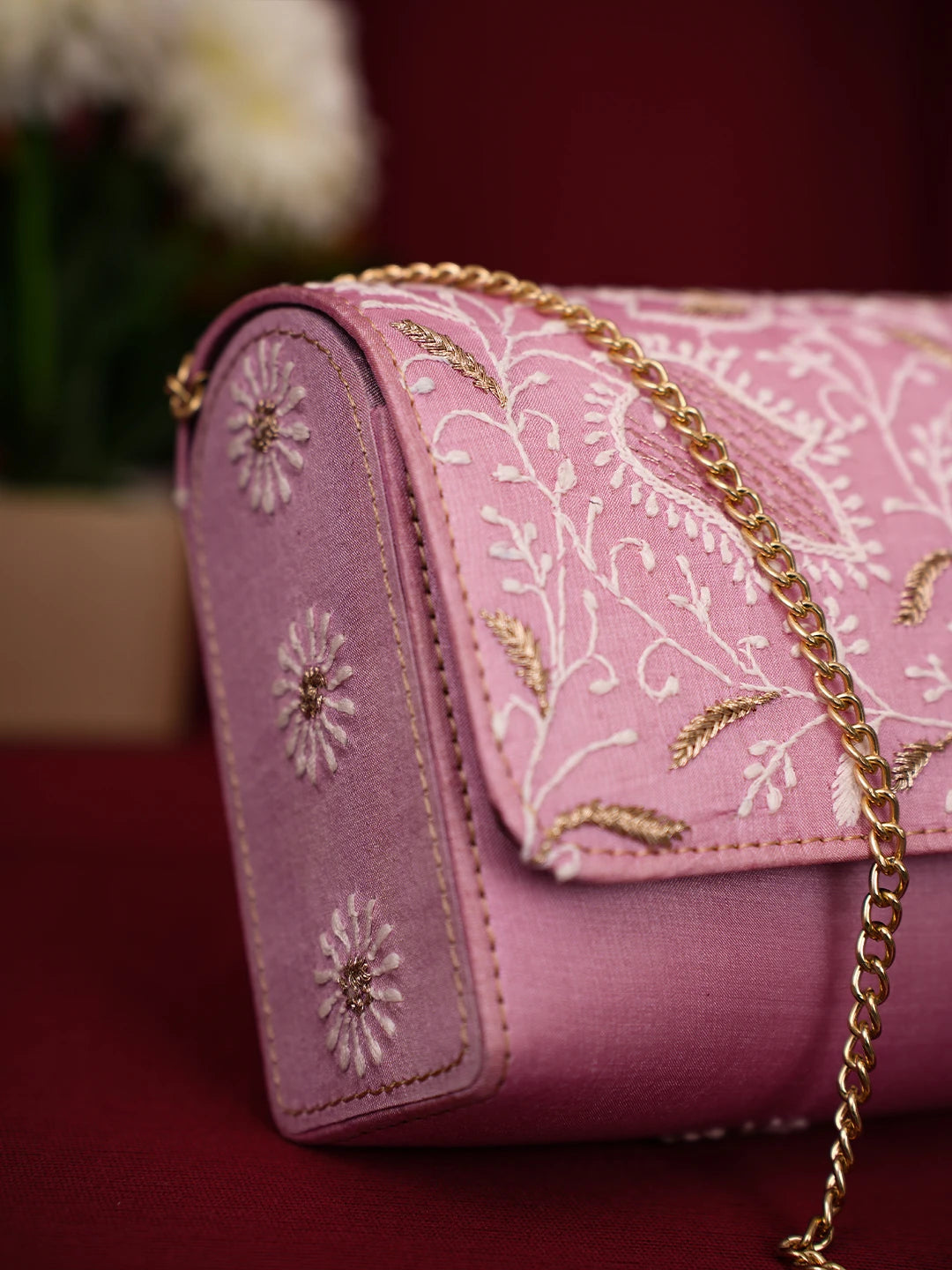 Ada Hand Embroidered Pink Silk Lucknowi Chikankari Clutch With Zari Work 01A643730
