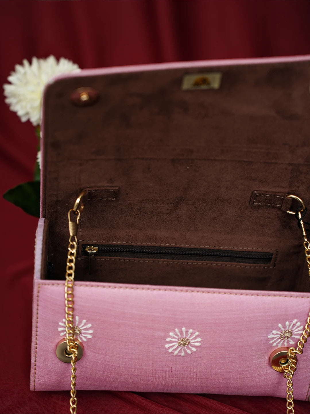 Ada Hand Embroidered Pink Silk Lucknowi Chikankari Clutch With Zari Work 01A643730