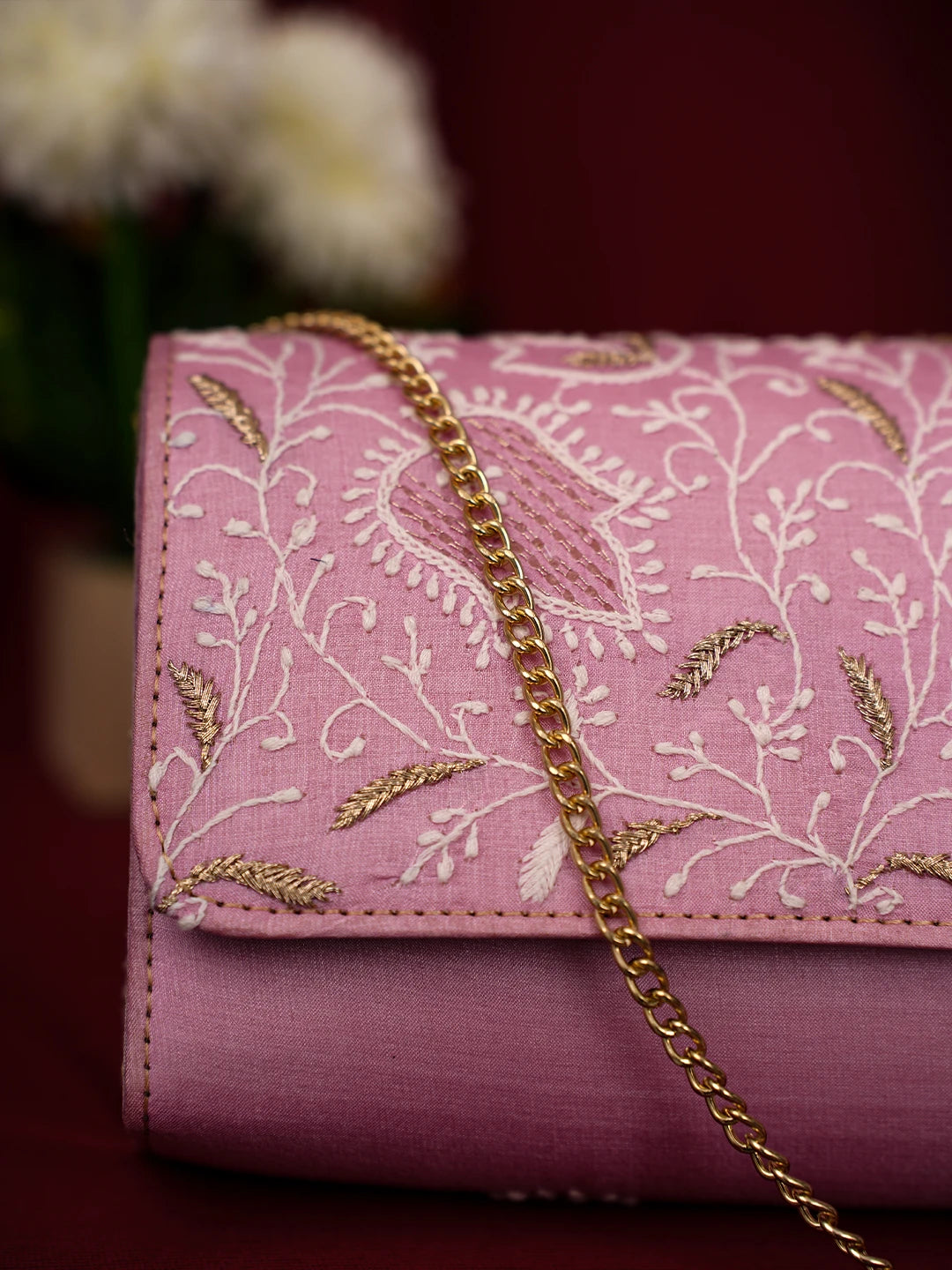 Ada Hand Embroidered Pink Silk Lucknowi Chikankari Clutch With Zari Work 01A643730