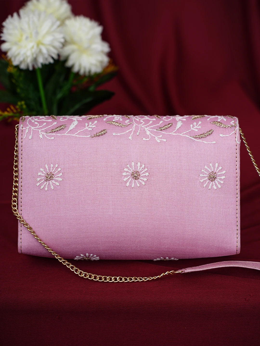 Ada Hand Embroidered Pink Silk Lucknowi Chikankari Clutch With Zari Work 01A643730
