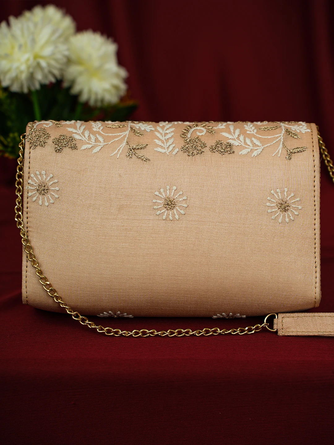 Ada Hand Embroidered Peach Silk Lucknowi Chikankari Clutch With Zari Work 01A696449