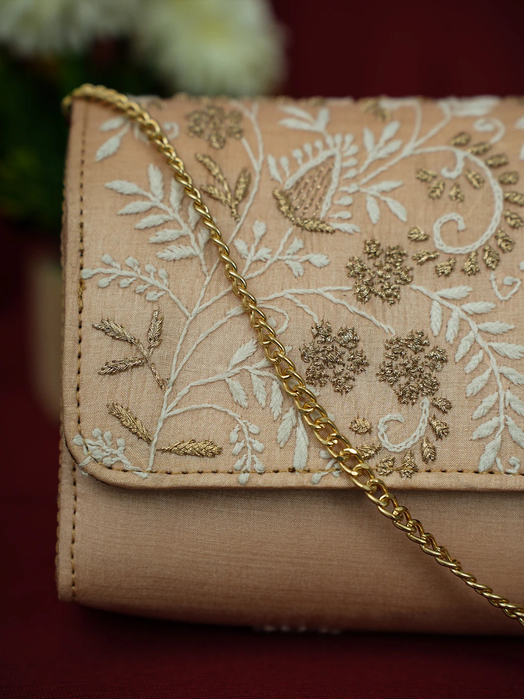 Ada Hand Embroidered Peach Silk Lucknowi Chikankari Clutch With Zari Work 01A696449
