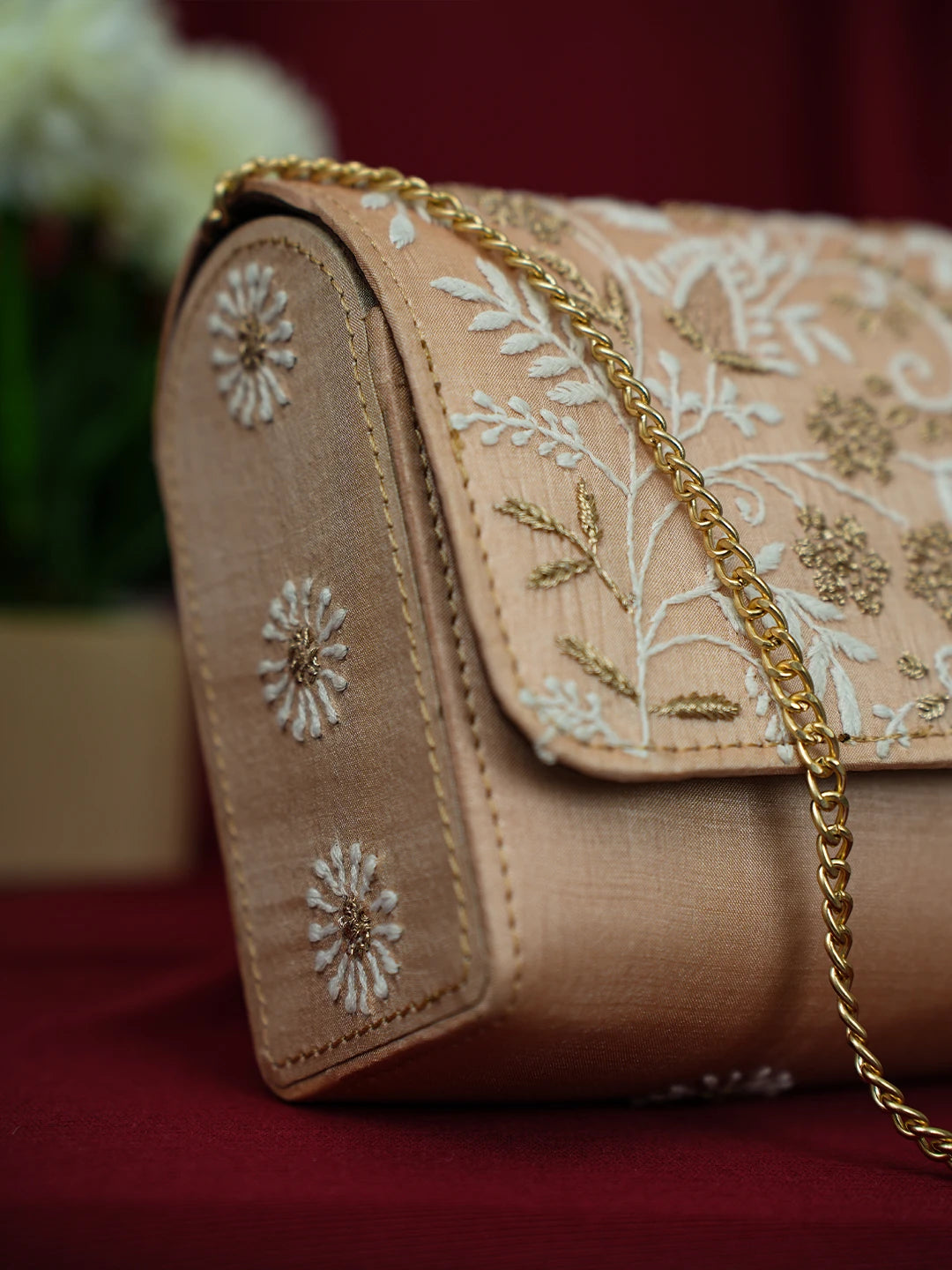 Ada Hand Embroidered Peach Silk Lucknowi Chikankari Clutch With Zari Work 01A696449