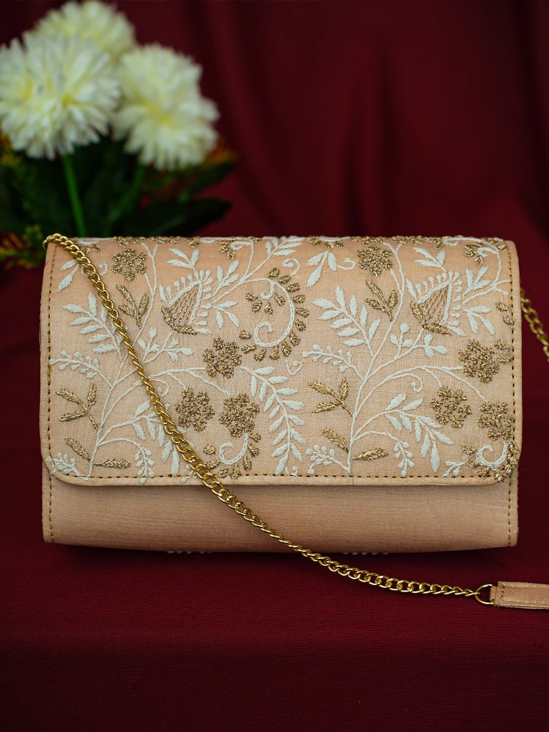 Ada Hand Embroidered Peach Silk Lucknowi Chikankari Clutch With Zari Work 01A696449