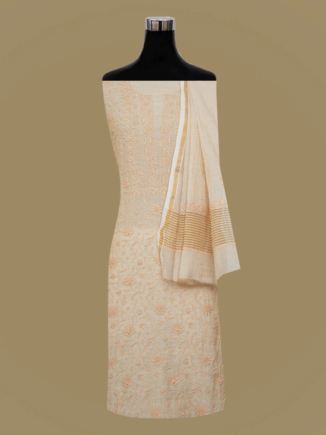 Ada Hand Embroidered Fawn Tissue Lucknowi Chikankari Unstitched Kurta Dupatta Set 01A653805