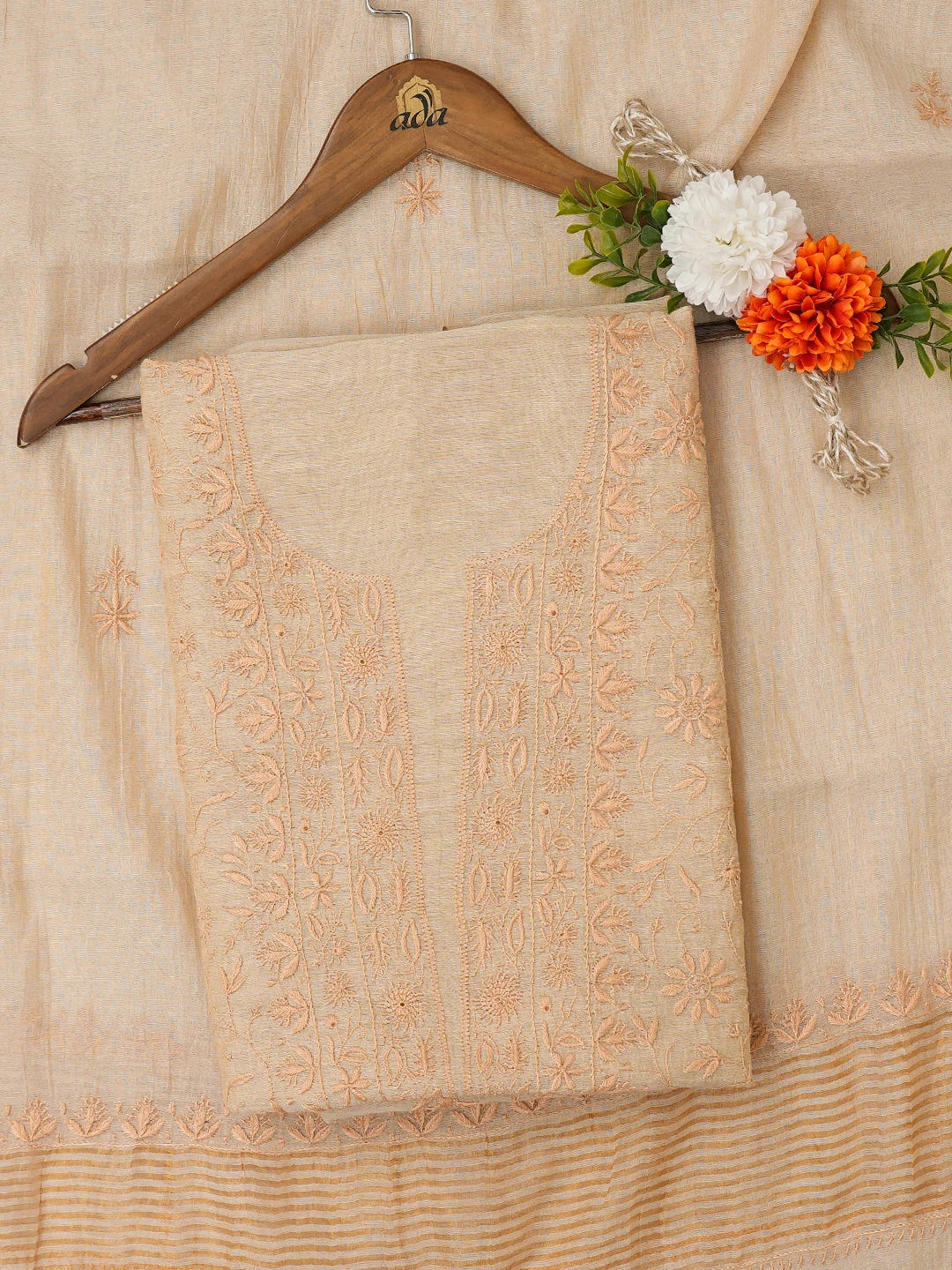 Ada Hand Embroidered Fawn Tissue Lucknowi Chikankari Unstitched Kurta Dupatta Set 01A653805
