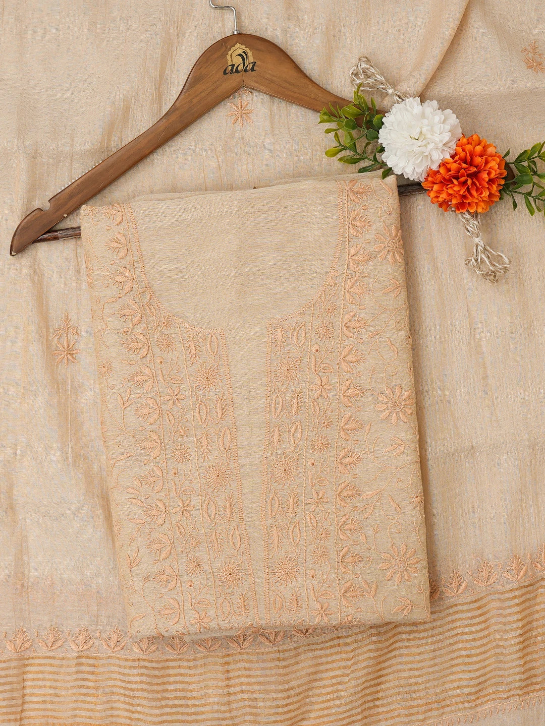 Ada Hand Embroidered Fawn Tissue Lucknowi Chikankari Unstitched Kurta Dupatta Set 01A653805