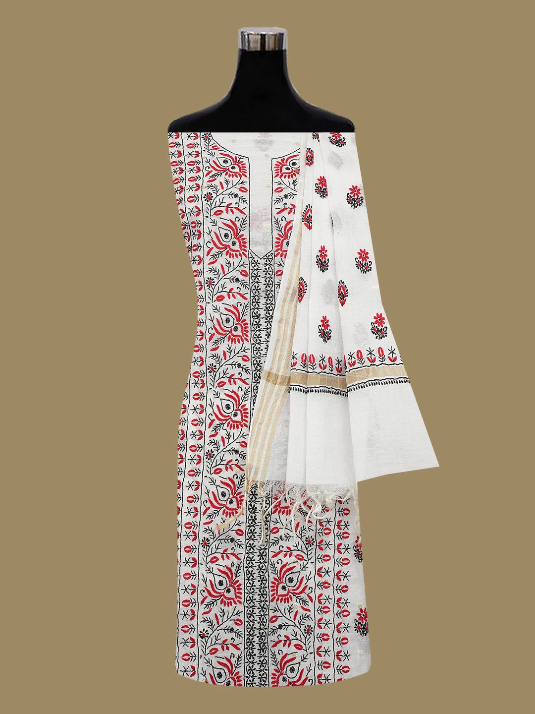 Ada Hand Embroidered White Chanderi Lucknowi Chikankari Unstitched Kurta Dupatta Set 01A712502